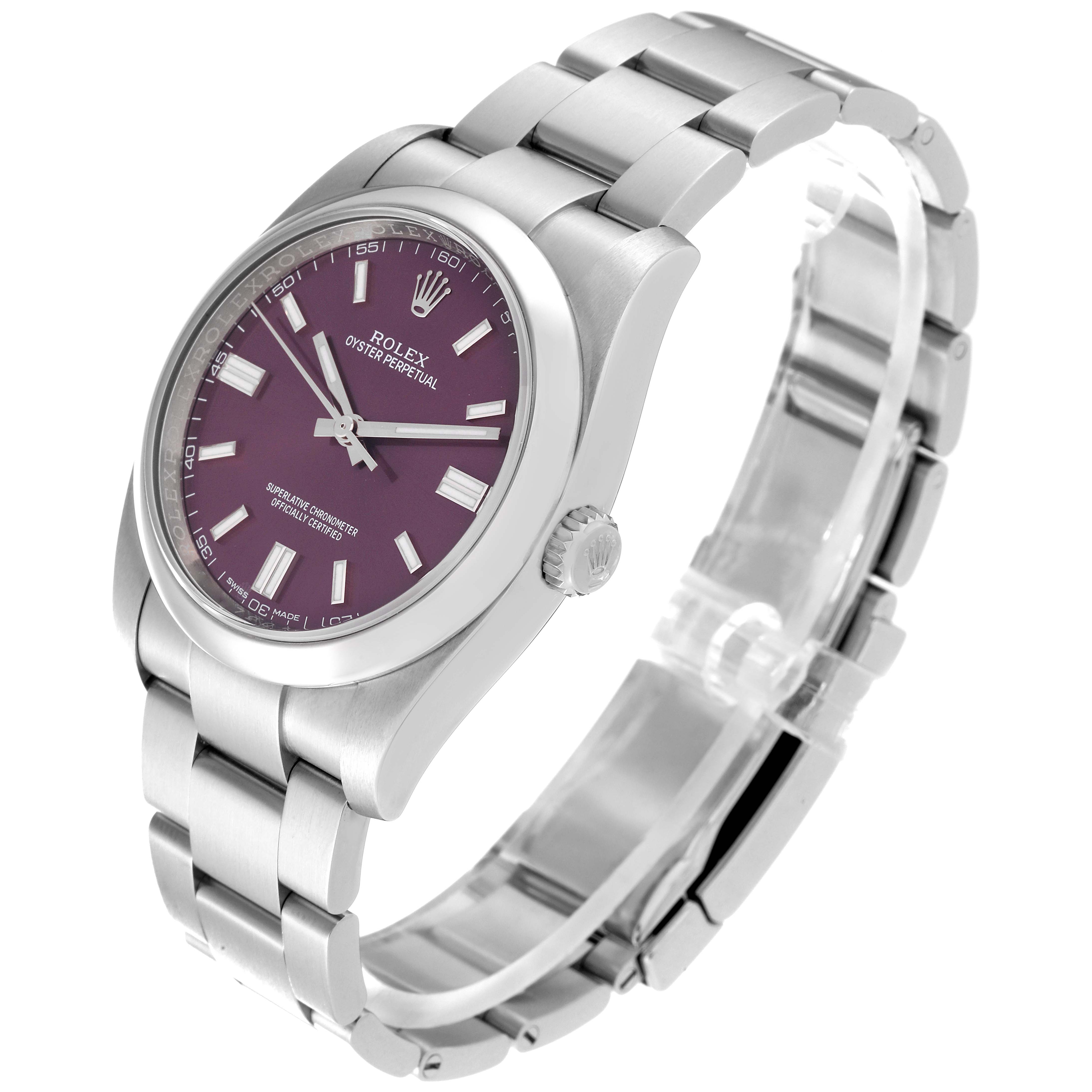 The image shows a side and front angle of a Rolex Oyster Perpetual 116000 Men
s Stainless Steel Purple Dial 116000 Men
s Stainless Steel Purple Dial watch, highlighting its face, bezel, and bracelet.
