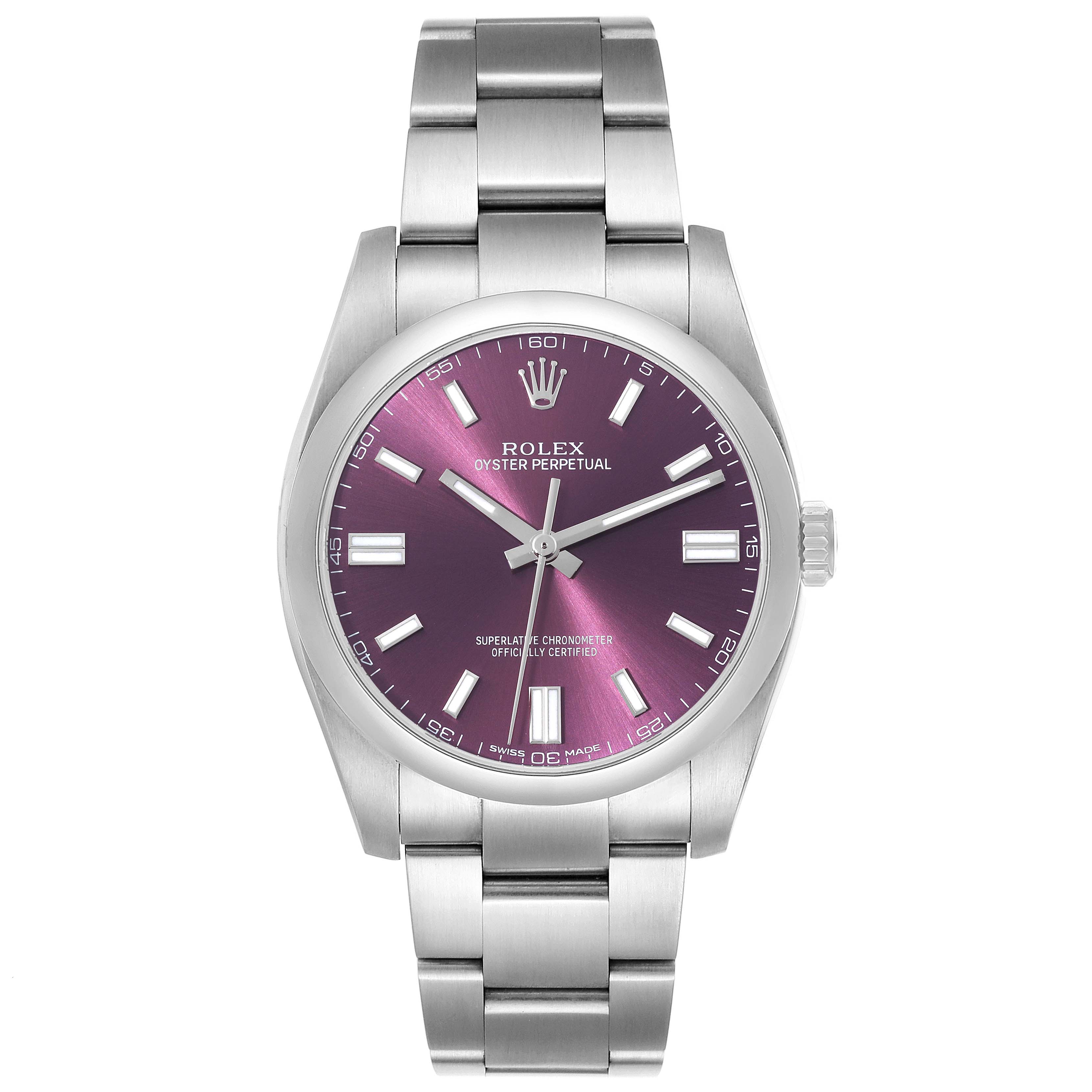 The image shows a Rolex Oyster Perpetual 116000 Men
s Stainless Steel Purple Dial 116000 Men
s Stainless Steel Purple Dial watch from a head-on angle, displaying the entire face and stainless steel bracelet.