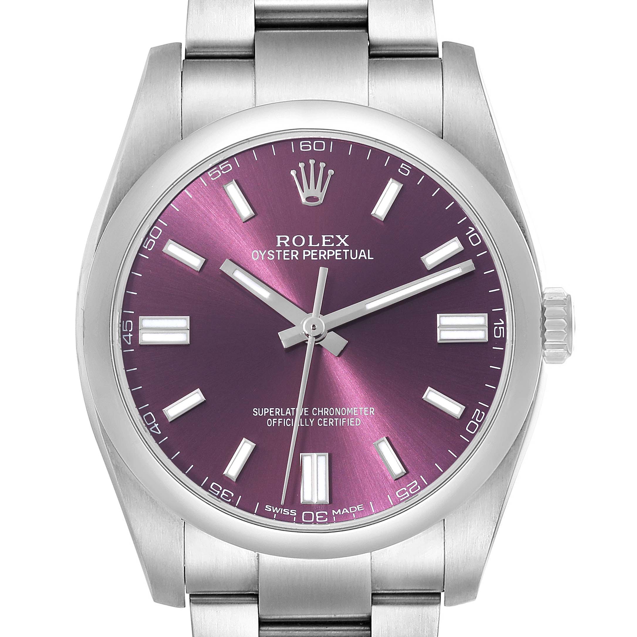 This image shows a front view of a Rolex Oyster Perpetual 116000 Men
s Stainless Steel Purple Dial 116000 Men
s Stainless Steel Purple Dial watch with a purple dial and stainless steel bracelet.