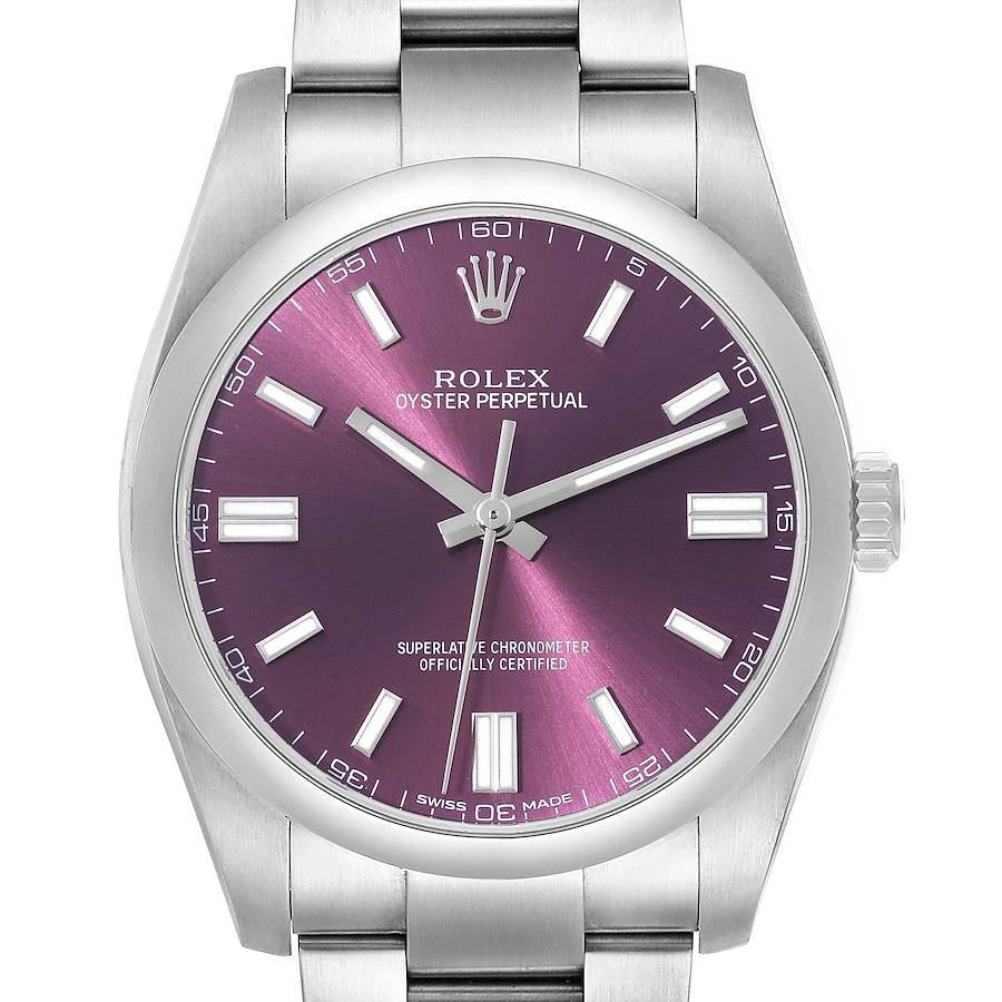 Rolex Oyster Perpetual Red Grape Dial Steel Mens Watch 116000 SwissWatchExpo