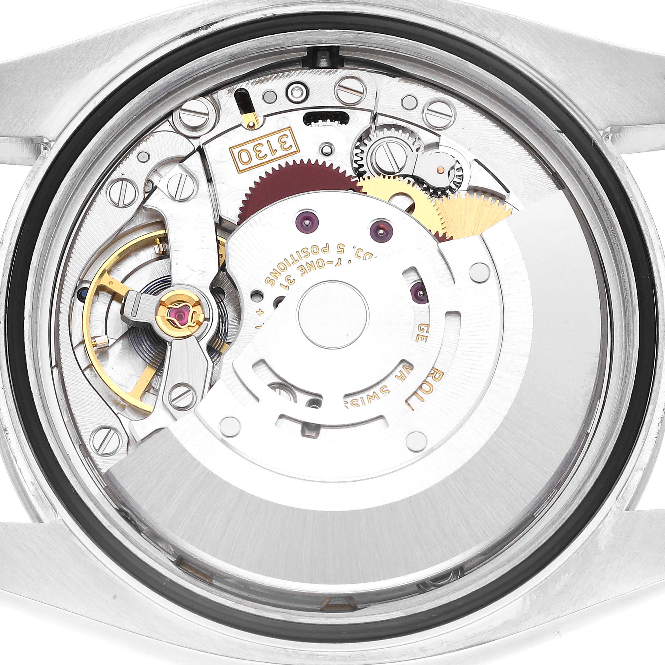 This image shows the back view of a Rolex Oyster Perpetual 116000 Men
s Stainless Steel Purple Dial 116000 Men
s Stainless Steel Purple Dial model, revealing its intricate movement mechanism.
