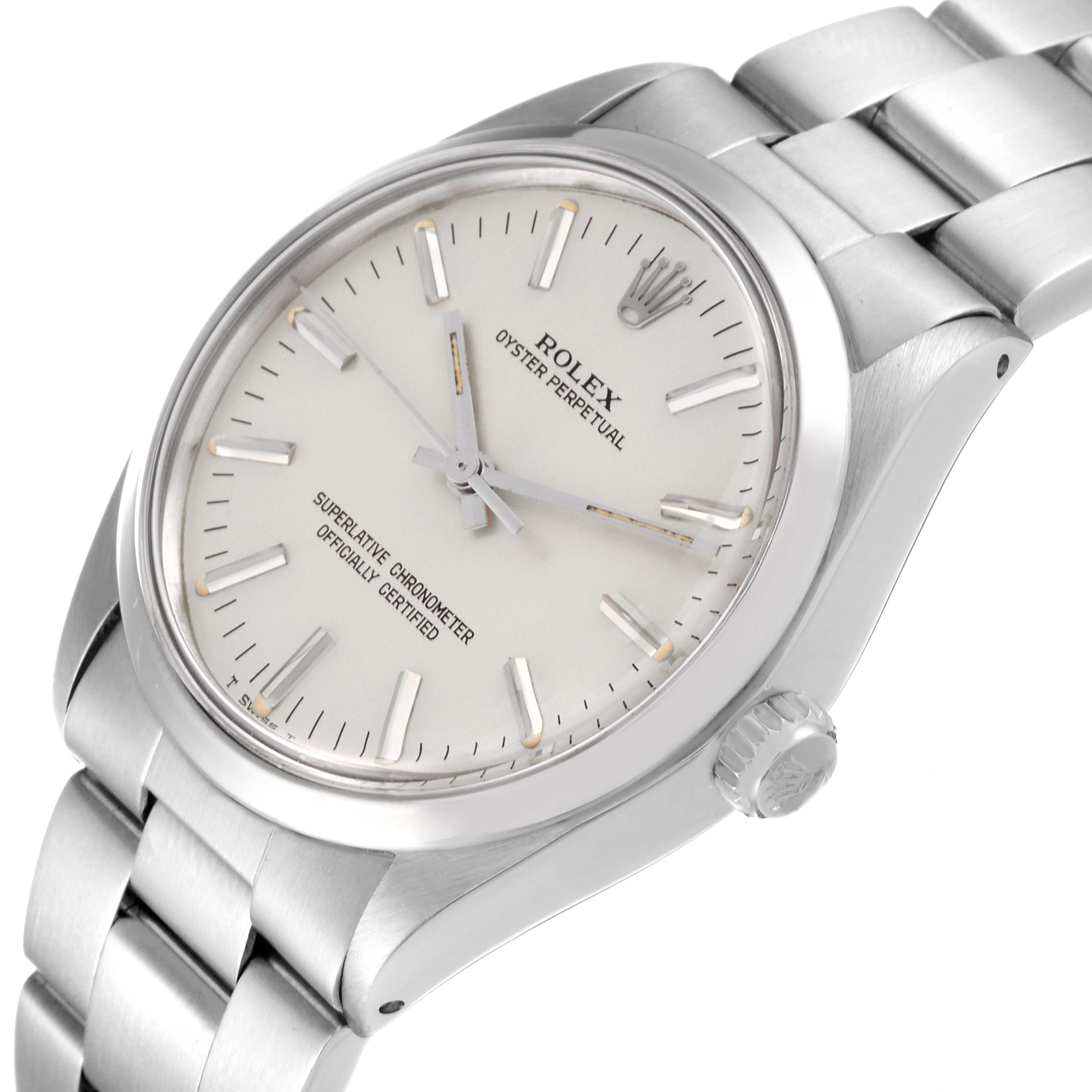 This image shows a close-up angle of the face and part of the bracelet of the Rolex Vintage Collection 1002 Men's Stainless Steel Silver Dial 1002 Men's Stainless Steel Silver Dial Oyster Perpetual watch.