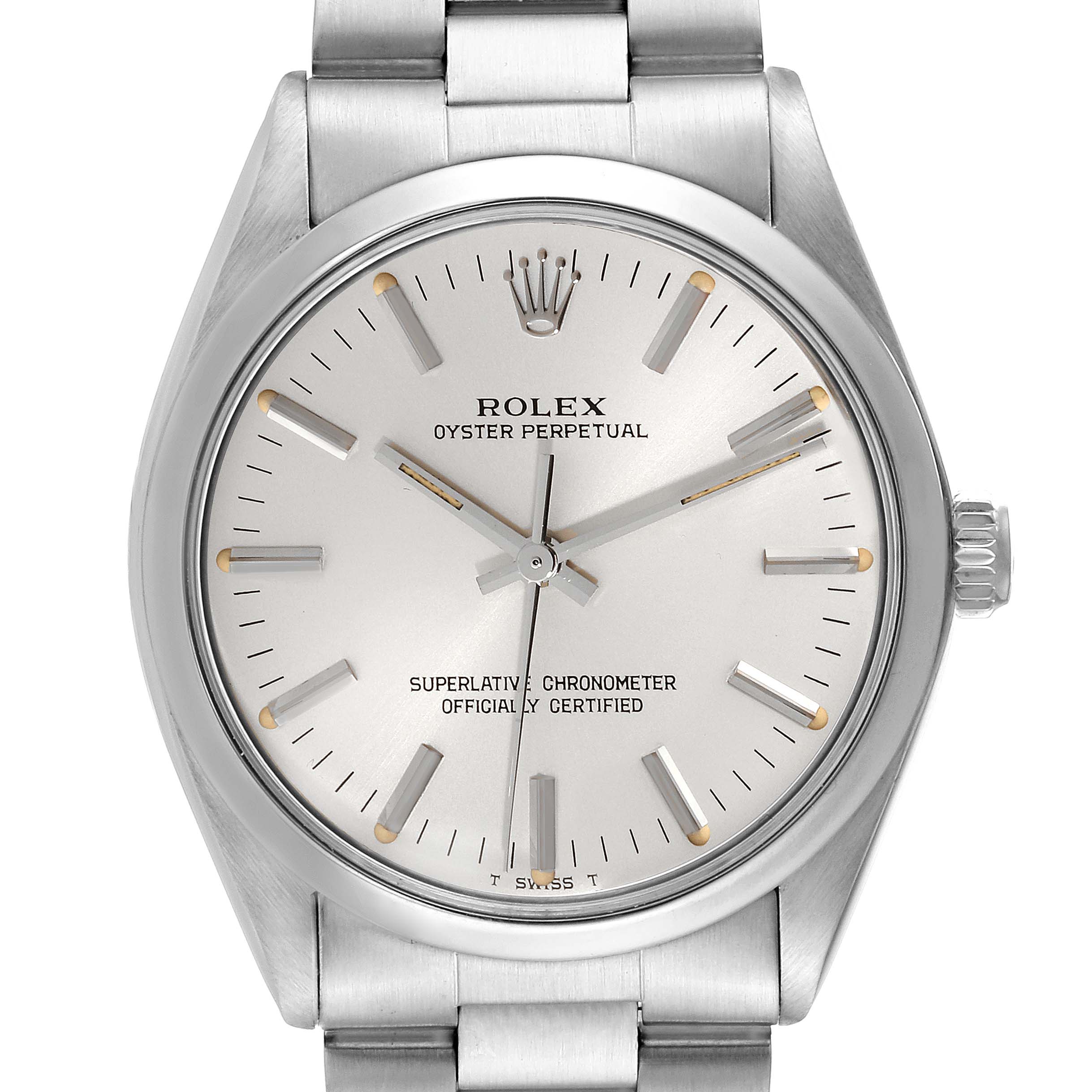 The image shows a front view of the Rolex Oyster Perpetual Vintage Collection watch, displaying its dial, crown, and bracelet.