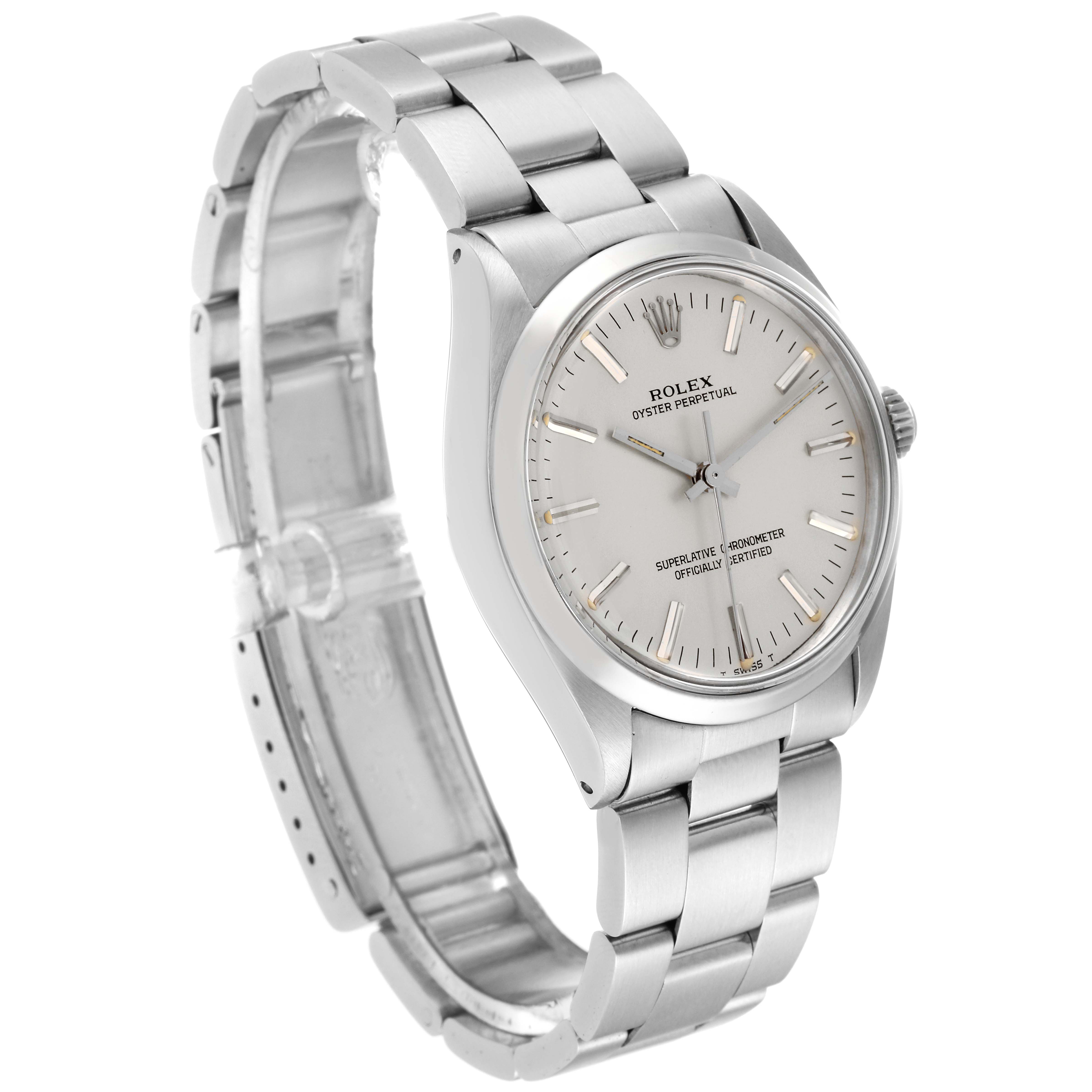 The image shows a Rolex Vintage Collection 1002 Men's Stainless Steel Silver Dial 1002 Men's Stainless Steel Silver Dial model watch at a slight angle, highlighting the face, bezel, crown, and bracelet.
