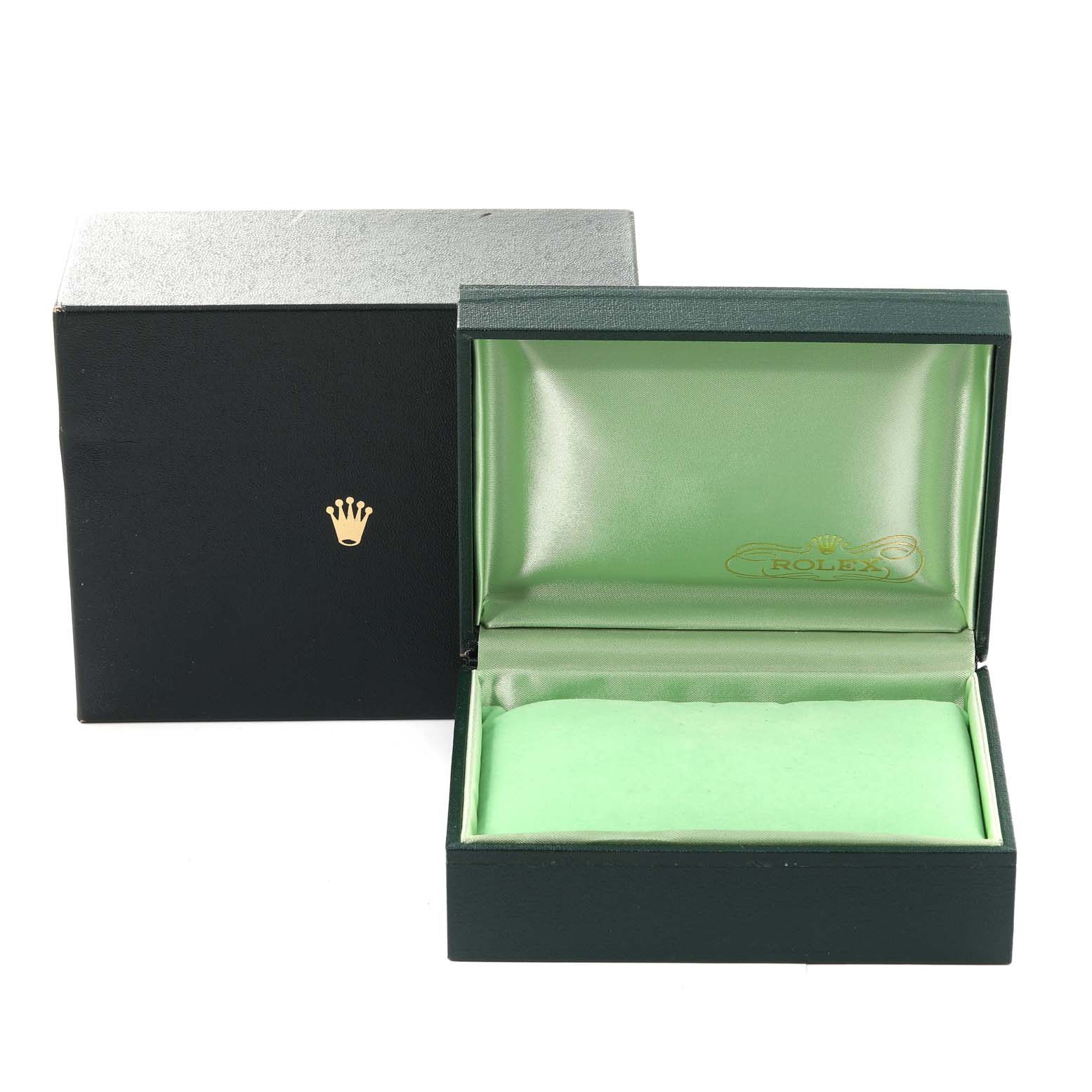 This image shows an open and an unopened Rolex Vintage Collection 1002 Men's Stainless Steel Silver Dial 1002 Men's Stainless Steel Silver Dial watch box, showcasing its packaging.
