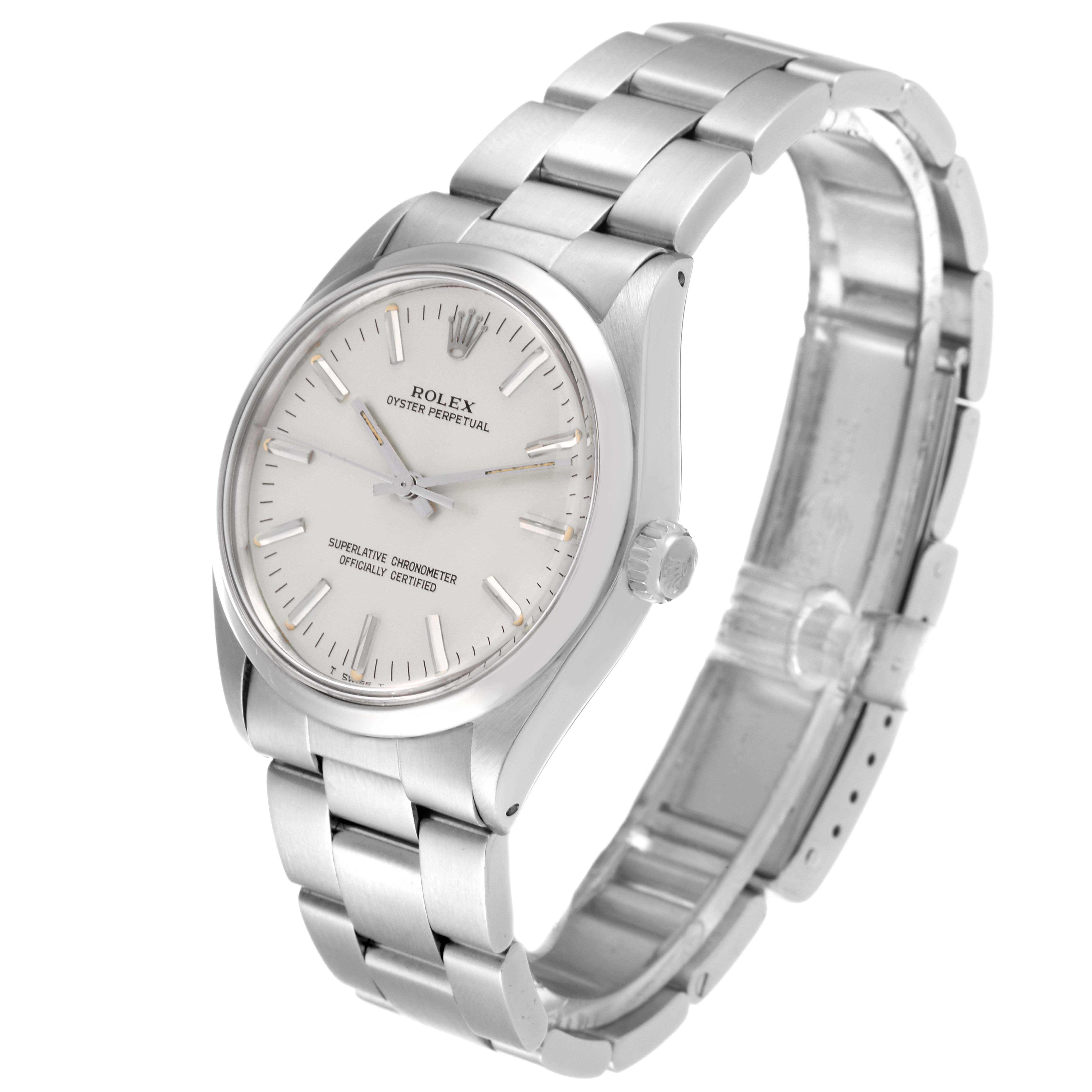 This image shows a Rolex Vintage Collection 1002 Men's Stainless Steel Silver Dial 1002 Men's Stainless Steel Silver Dial watch at a three-quarter angle displaying the face, crown, and bracelet.