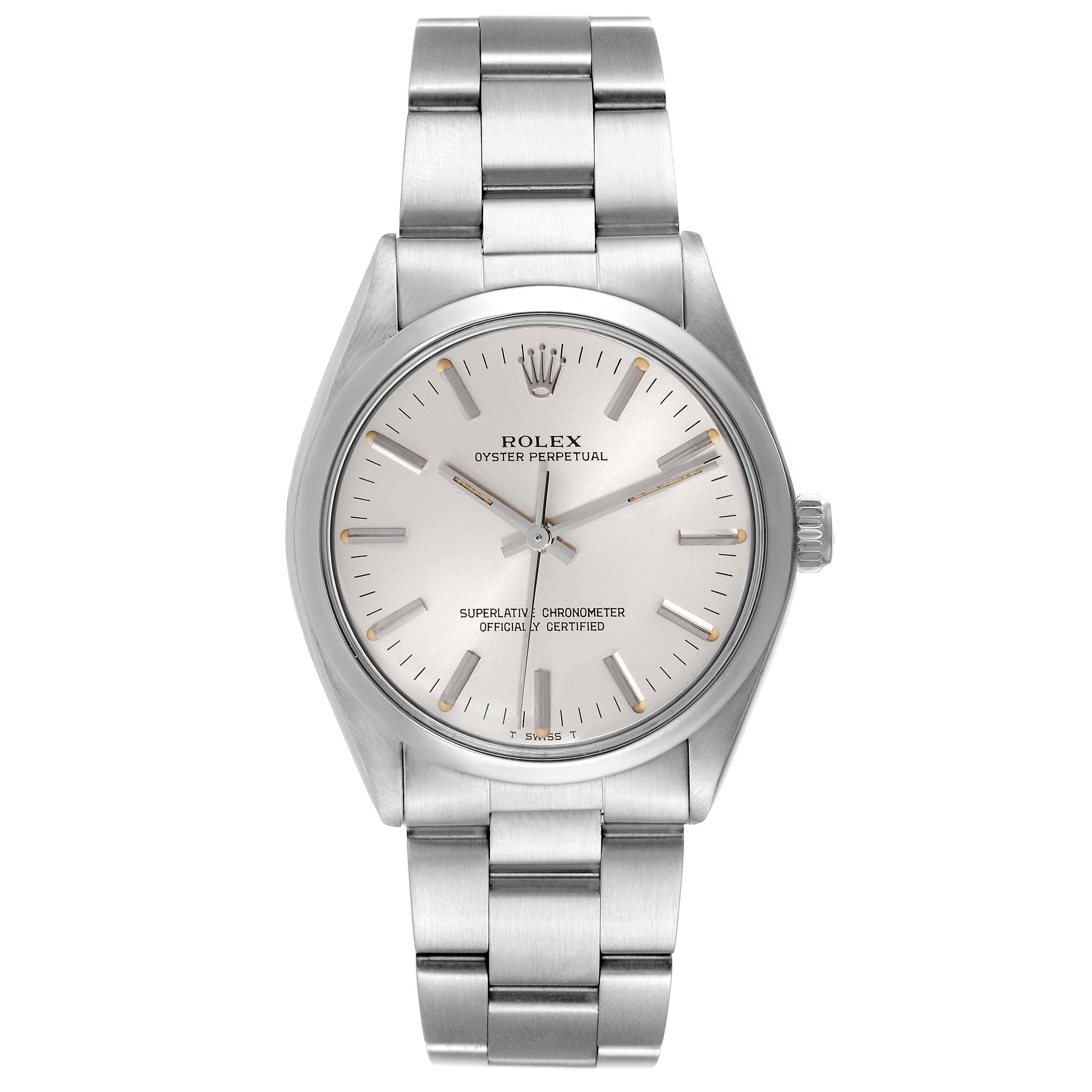 The image shows a front view of the Rolex Vintage Collection 1002 Men's Stainless Steel Silver Dial 1002 Men's Stainless Steel Silver Dial model, displaying its dial, bezel, and bracelet.