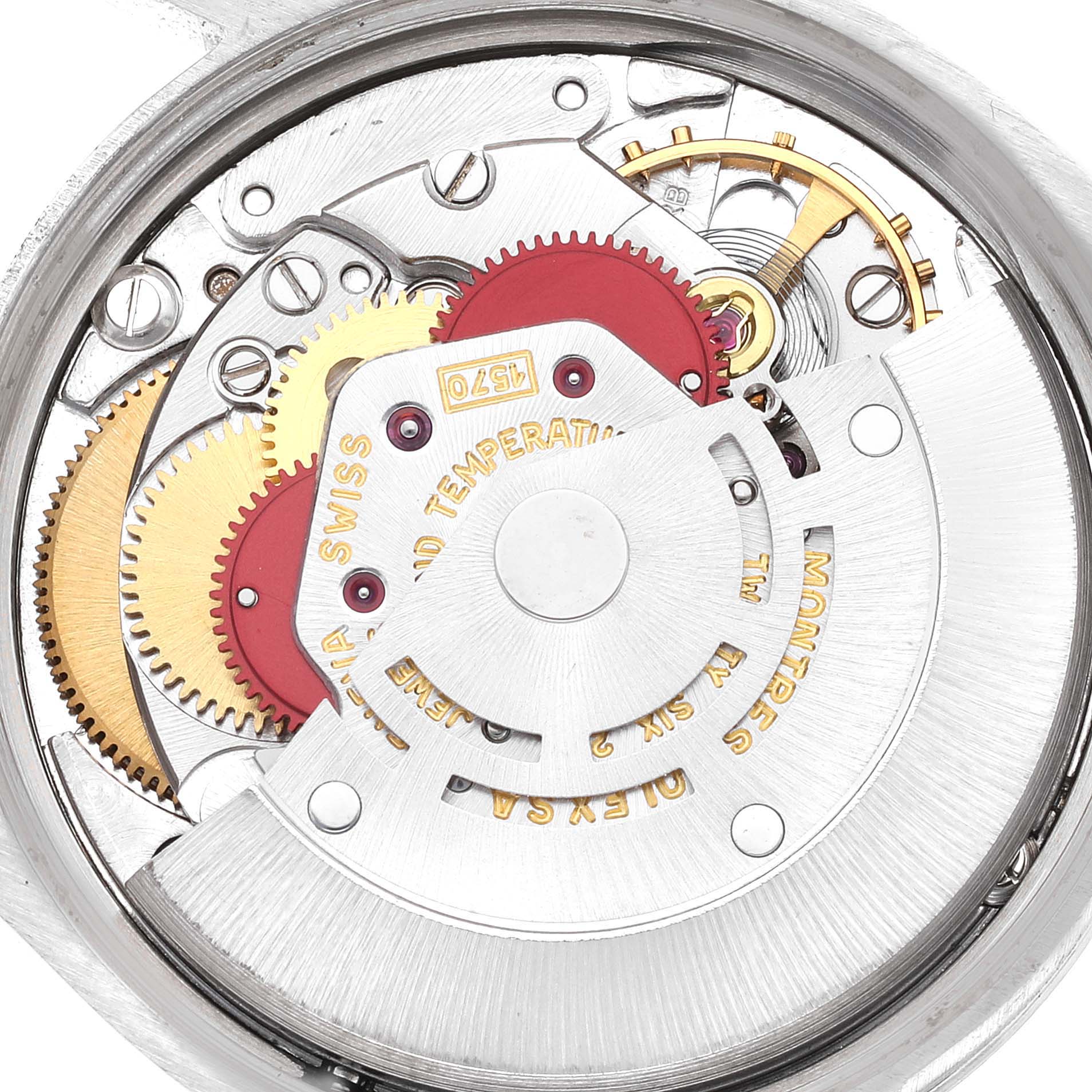 The image shows the intricate internal mechanism of a Rolex Vintage Collection 1002 Men's Stainless Steel Silver Dial 1002 Men's Stainless Steel Silver Dial watch, viewed from the back or inside.