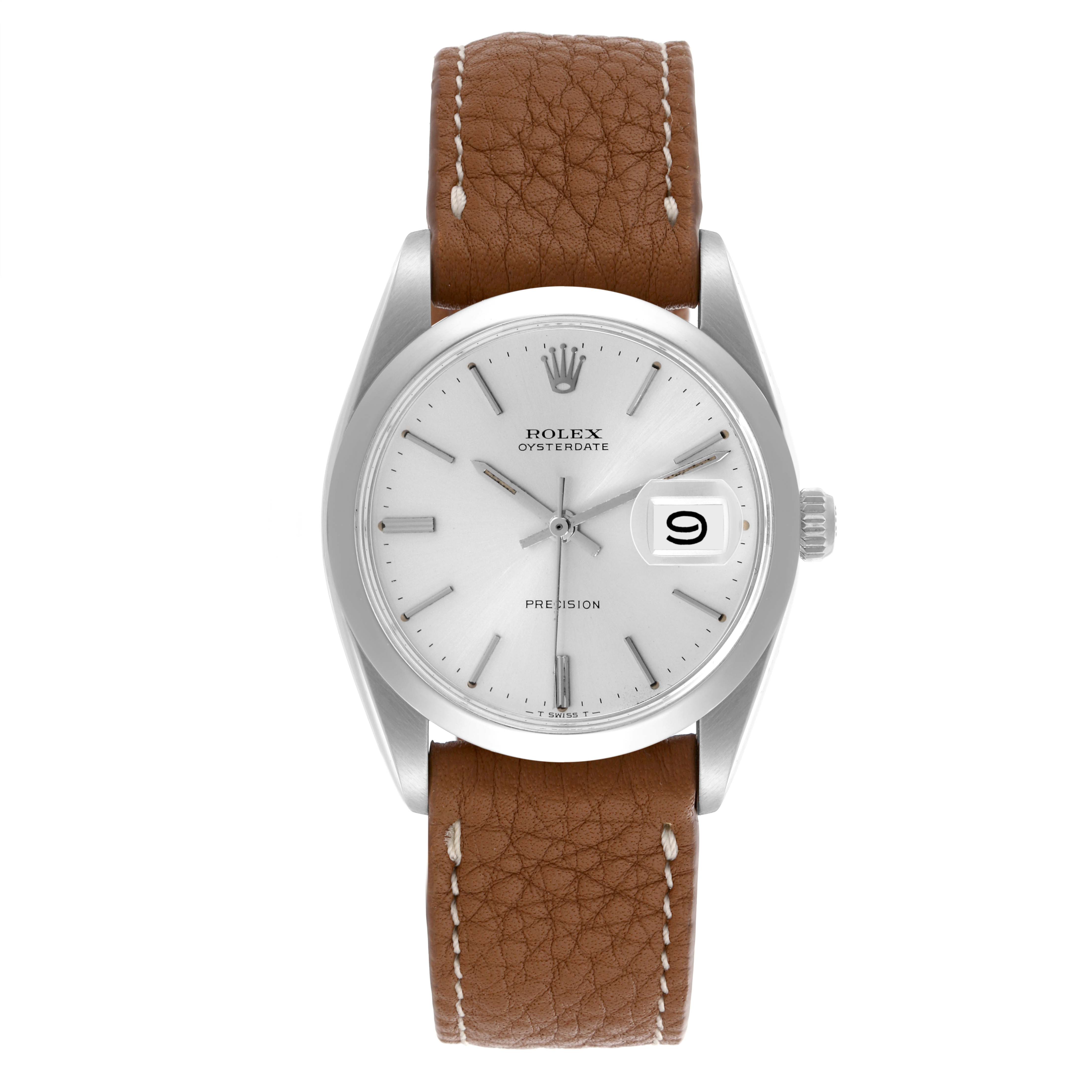 The Rolex Date 6694 Men's Stainless Steel Silver Dial 6694 Men's Stainless Steel Silver Dial watch is shown from the front, displaying the dial, bezel, crown, and brown leather strap.
