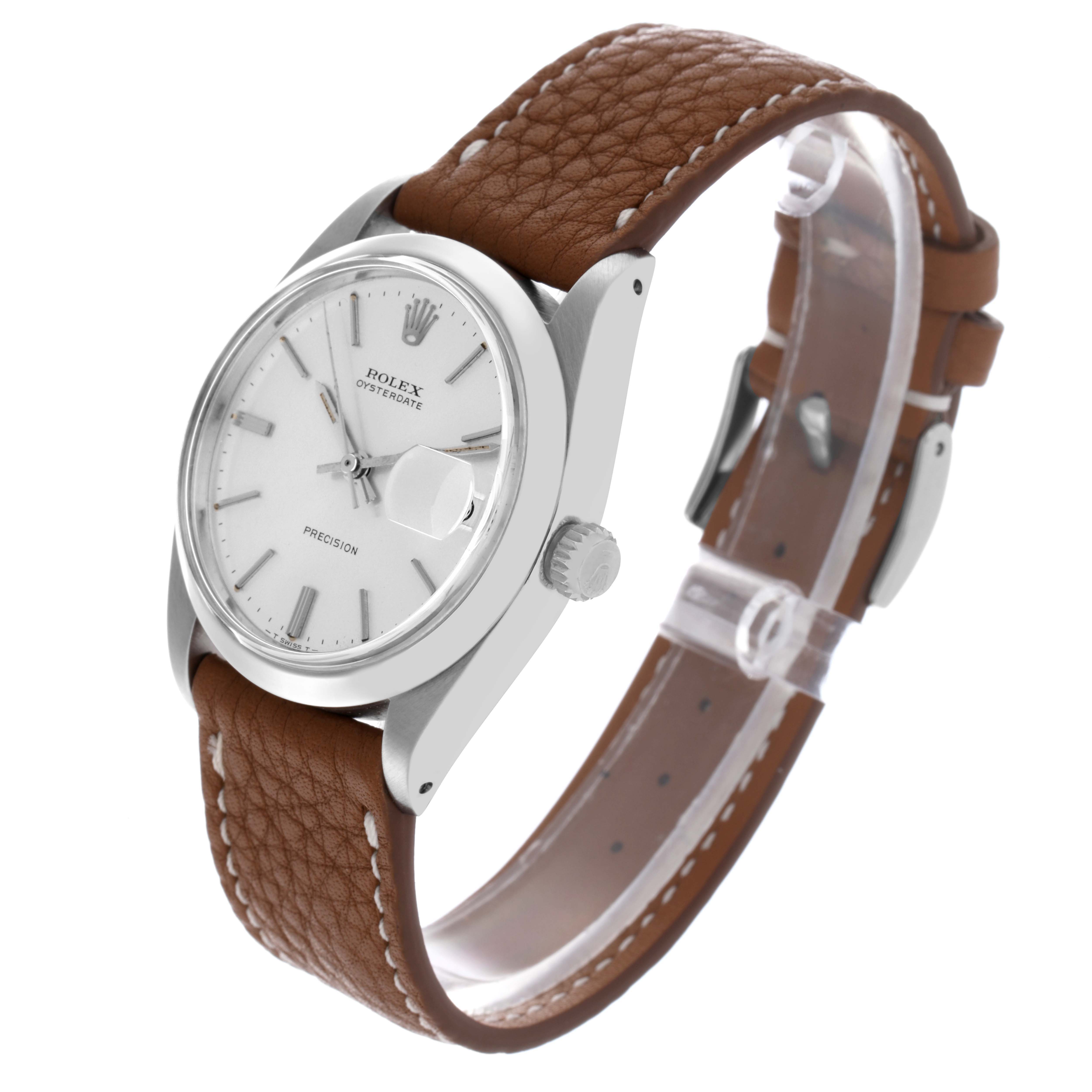 The Rolex Date 6694 Men's Stainless Steel Silver Dial 6694 Men's Stainless Steel Silver Dial watch is shown at a three-quarter angle, highlighting the dial, bezel, crown, and leather strap.