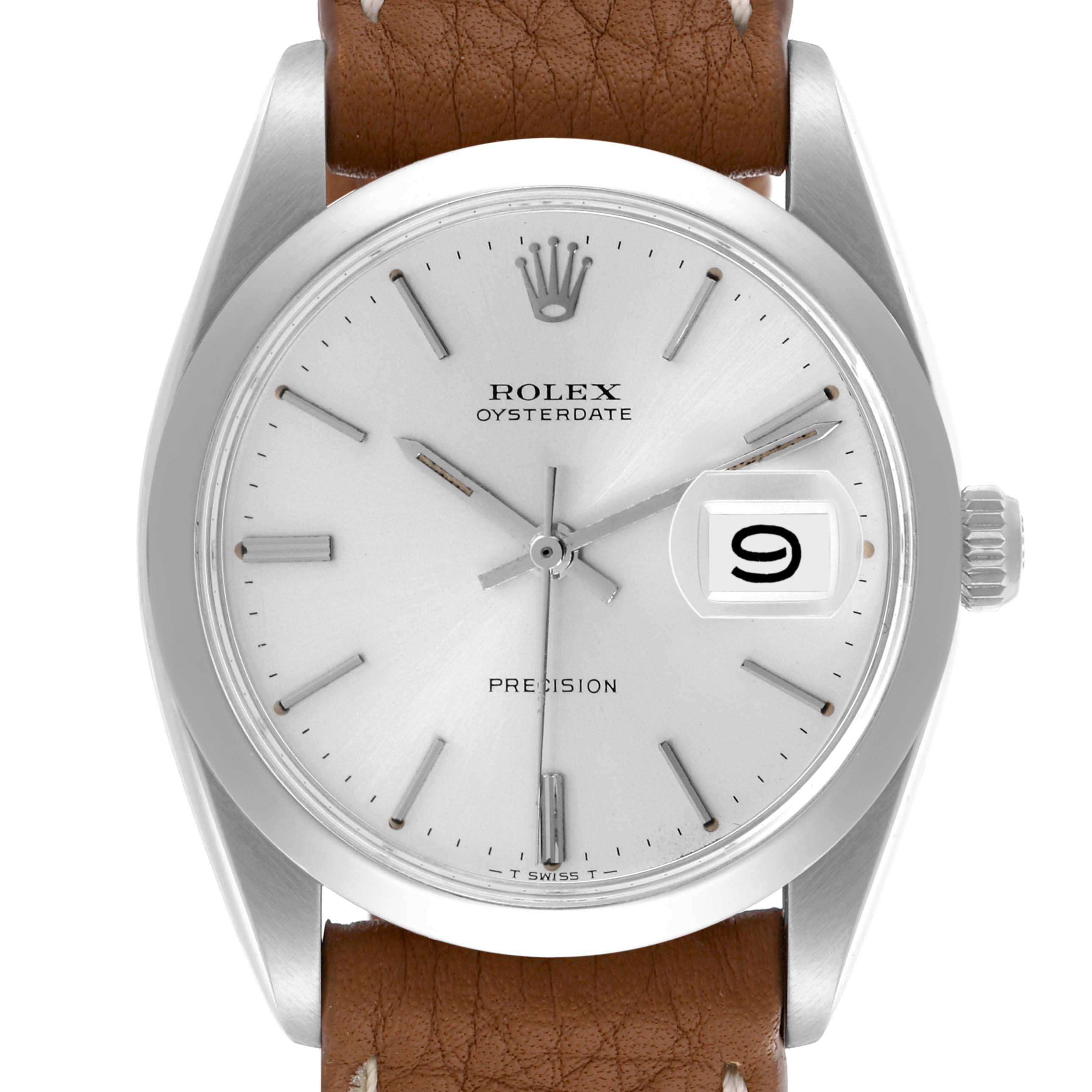The Rolex Date 6694 Men's Stainless Steel Silver Dial 6694 Men's Stainless Steel Silver Dial model watch is shown from the front, highlighting the dial, bezel, crown, and brown leather strap.