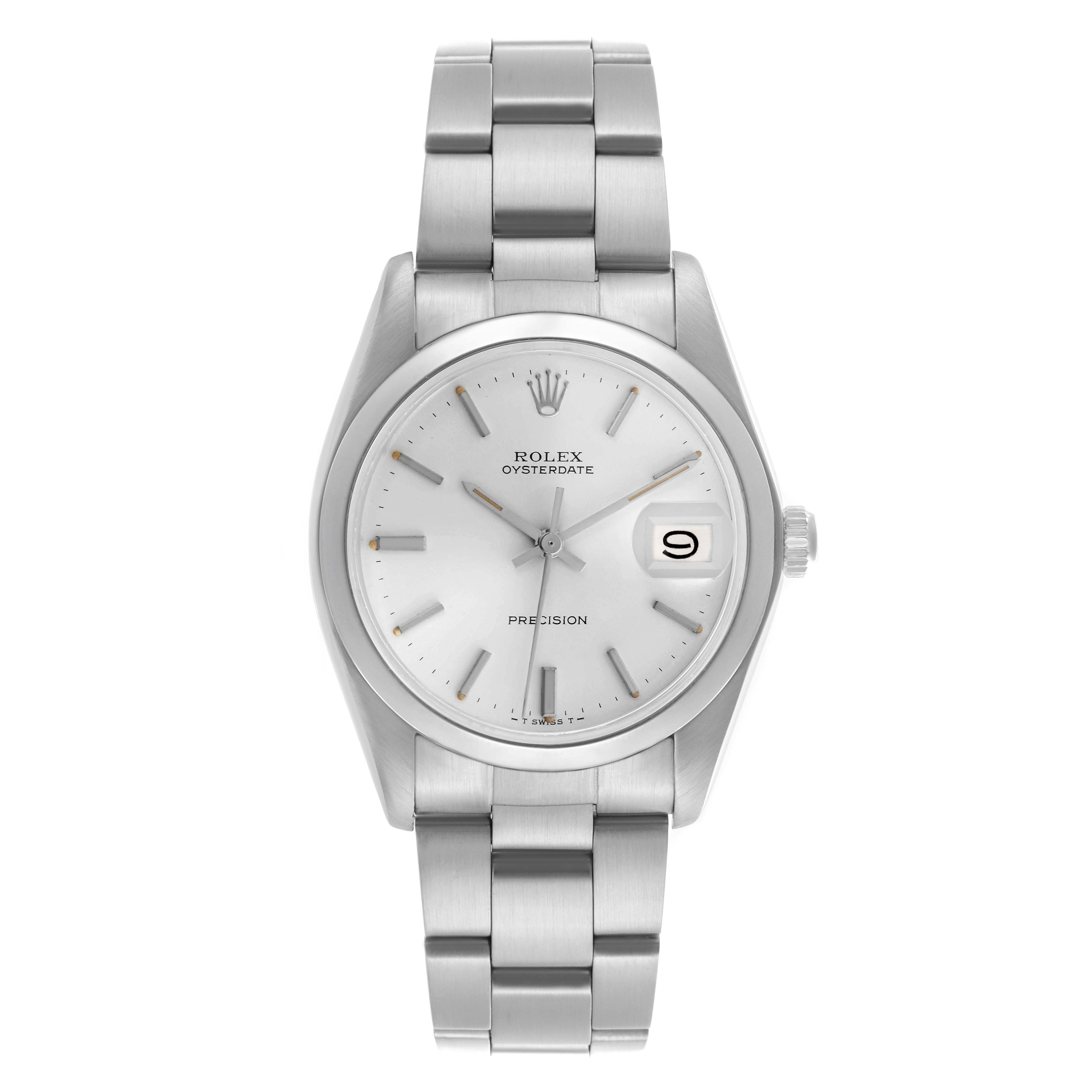 The Rolex Date 6694 Men's Stainless Steel Silver Dial 6694 Men's Stainless Steel Silver Dial watch is shown from a top-down angle, displaying the dial, case, bracelet, and date window.
