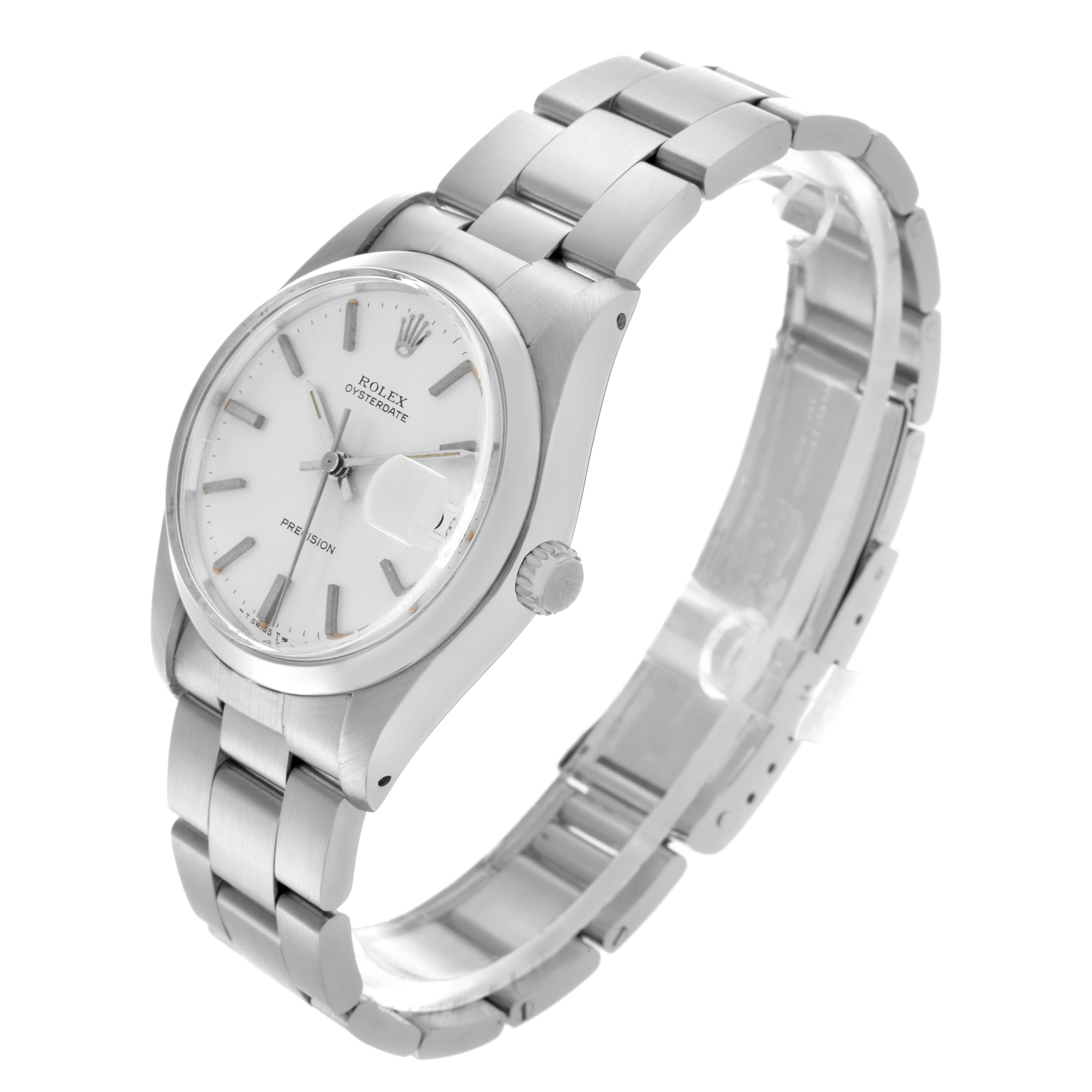 The Rolex Date 6694 Men's Stainless Steel Silver Dial 6694 Men's Stainless Steel Silver Dial model watch is shown at a slight angle, displaying the dial, crown, and bracelet.