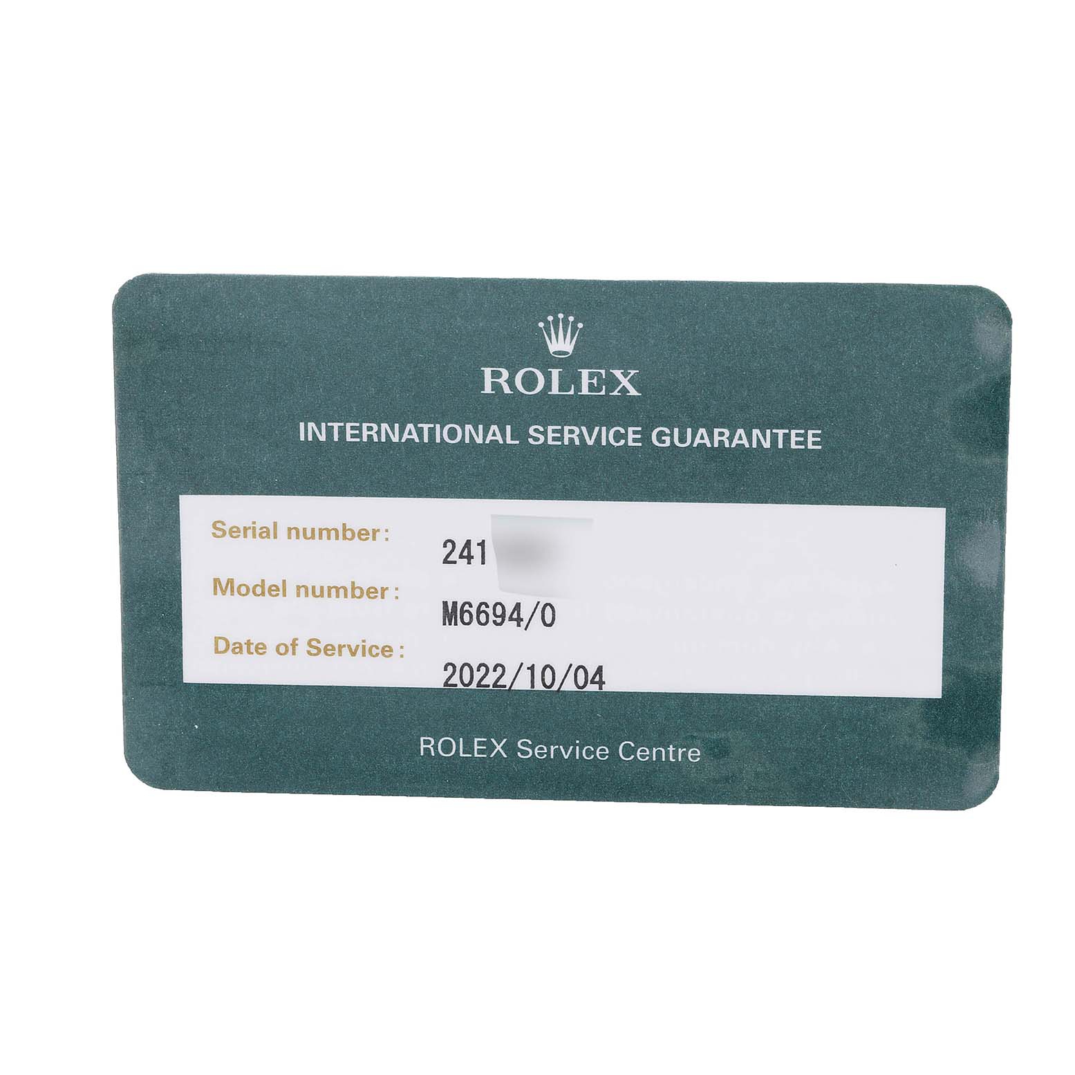 This image shows a Rolex International Service Guarantee card for the Vintage Collection model M6694/0.