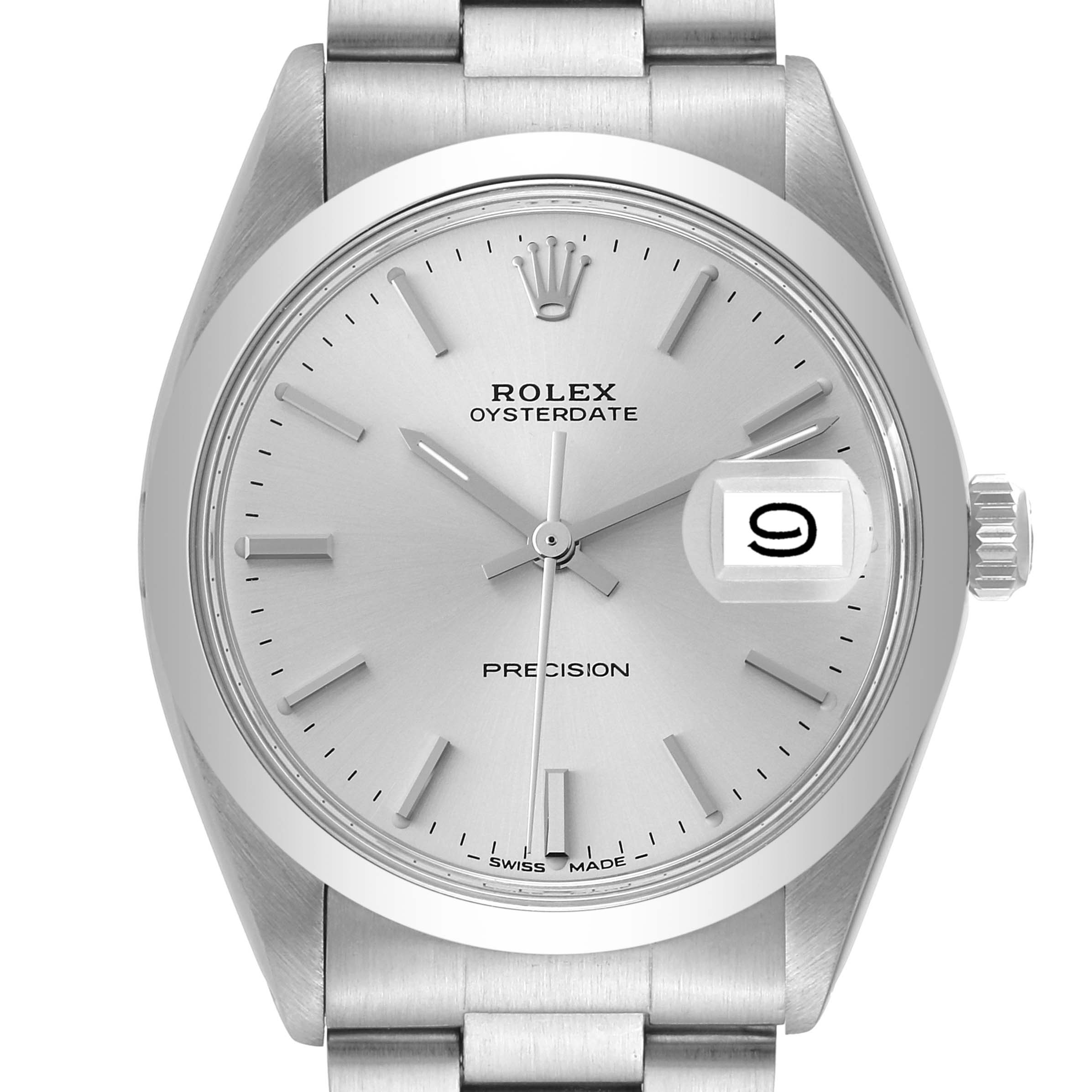 The image shows a front view of the Rolex Vintage Collection 6694 Men's Stainless Steel Silver Dial 6694 Men's Stainless Steel Silver Dial model, specifically the dial, bezel, and bracelet.