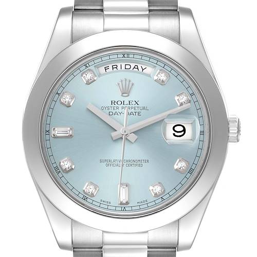 The Rolex President 218206 Men's Platinum Blue Dial watch is shown from the front, displaying its dial, hands, date window, and part of the bracelet.