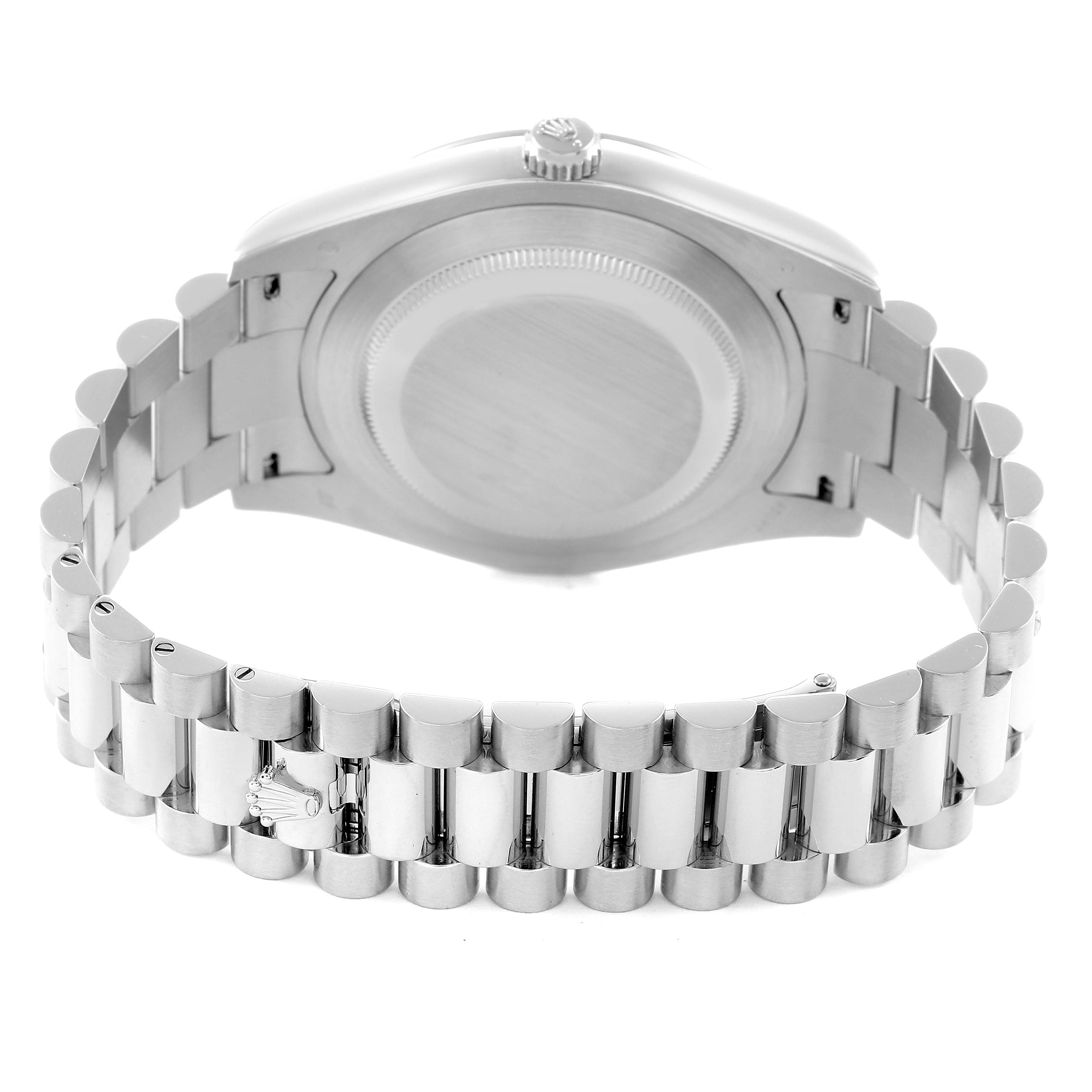 The image shows the back view of a Rolex President 218206 Men's Platinum Blue Dial model watch, featuring the case back and part of the bracelet.