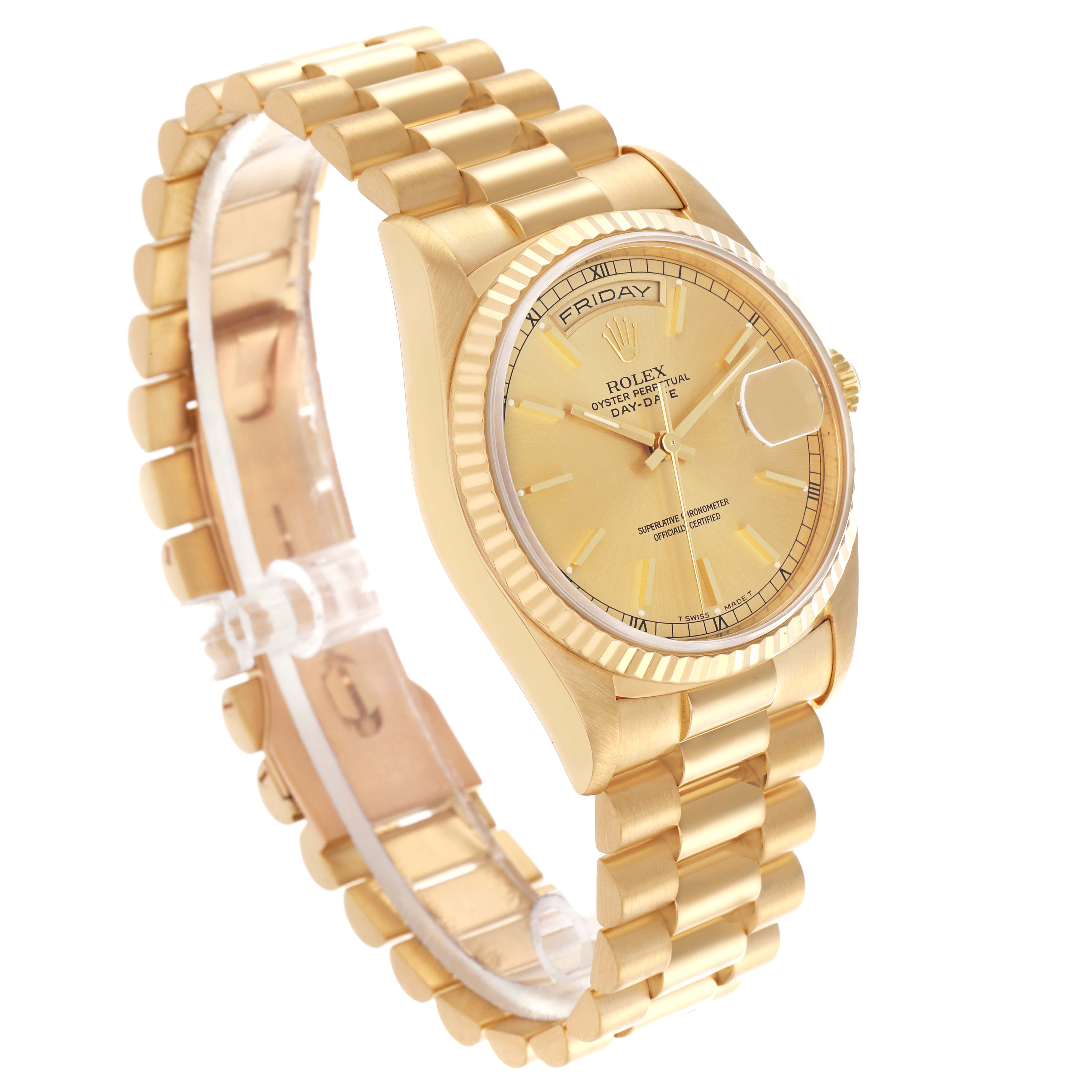 The Rolex President 18238 Men's Yellow Gold Champagne Dial 18238 Men's Yellow Gold Champagne Dial model is shown at a three-quarter angle, displaying the watch face, bezel, bracelet, and crown.