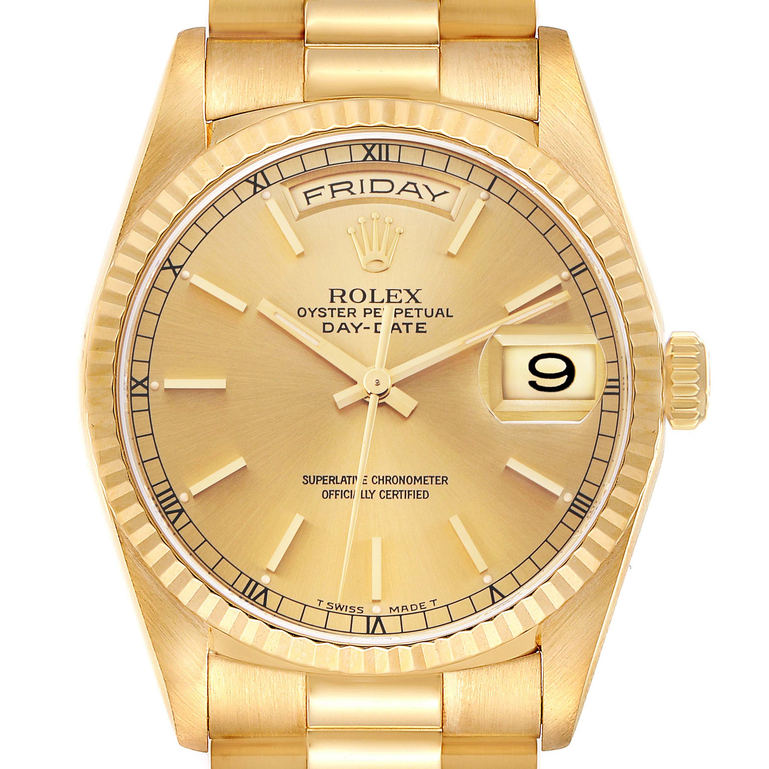The image shows a Rolex President 18238 Men's Yellow Gold Champagne Dial 18238 Men's Yellow Gold Champagne Dial model watch from a front angle, displaying the dial, day, date, and part of the bracelet.