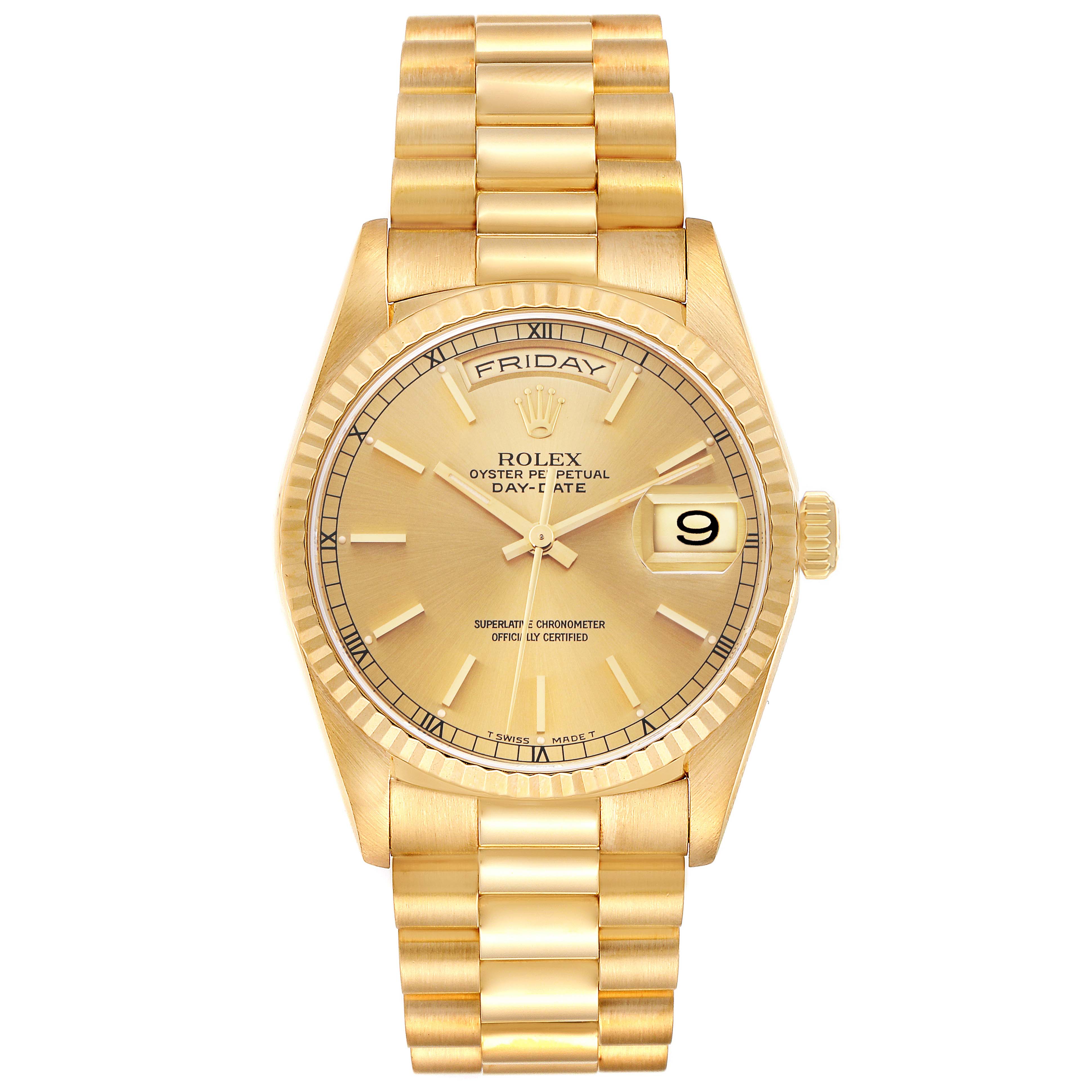 The Rolex President 18238 Men's Yellow Gold Champagne Dial 18238 Men's Yellow Gold Champagne Dial watch is shown from a top-down angle, highlighting its gold bracelet, dial, and day-date display.