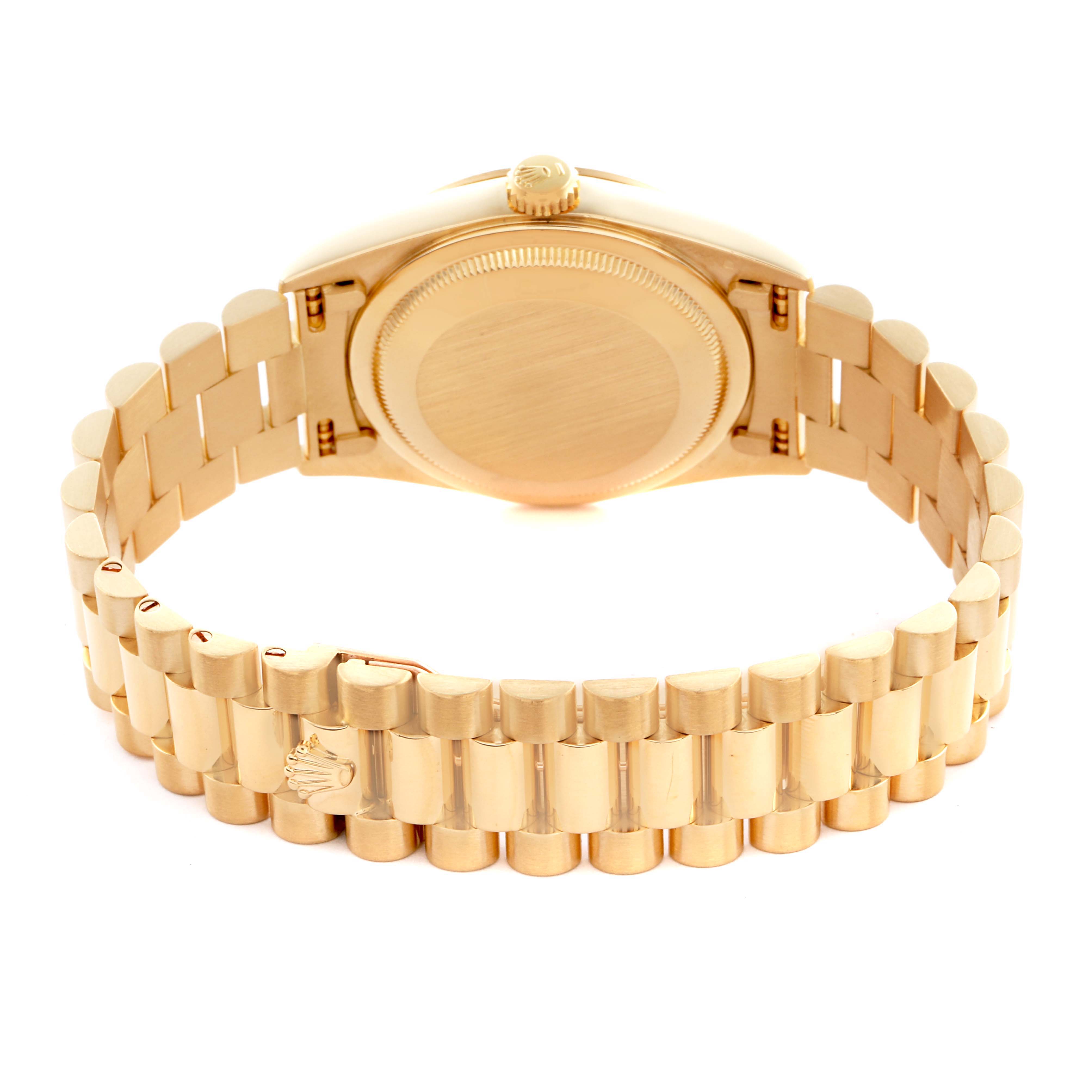 The image shows the back view of the Rolex President 18238 Men's Yellow Gold Champagne Dial 18238 Men's Yellow Gold Champagne Dial watch, highlighting the case back, bracelet, and clasp.