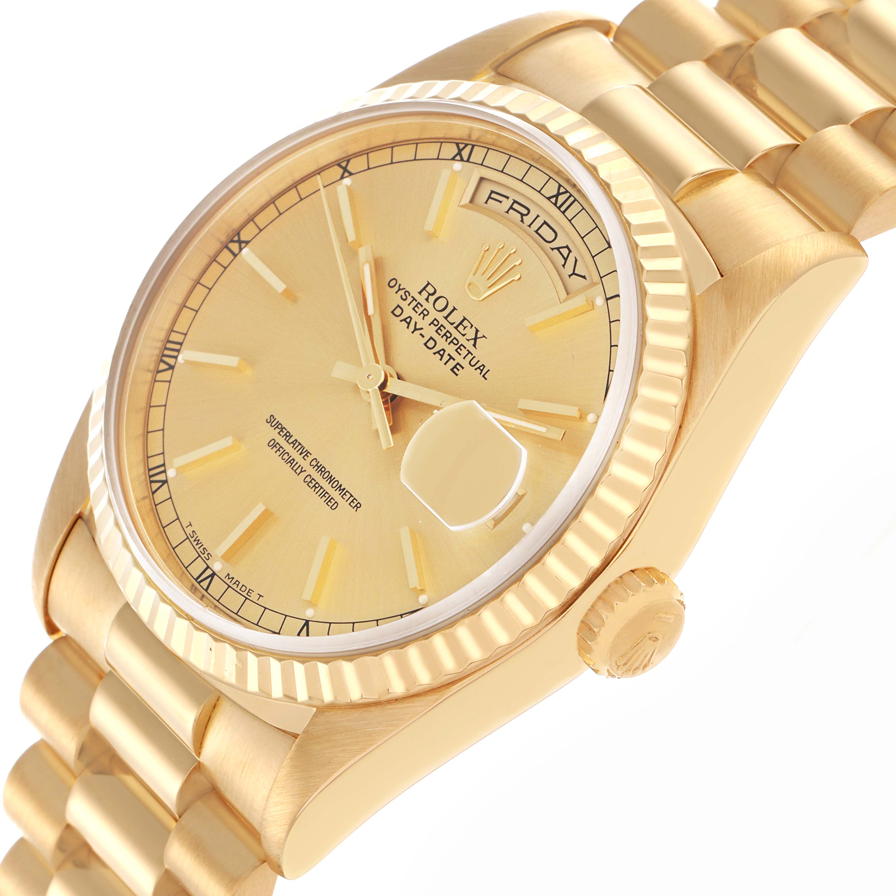 The Rolex President 18238 Men's Yellow Gold Champagne Dial 18238 Men's Yellow Gold Champagne Dial model is shown from an angled side view, highlighting the watch face, bezel, bracelet, and crown.