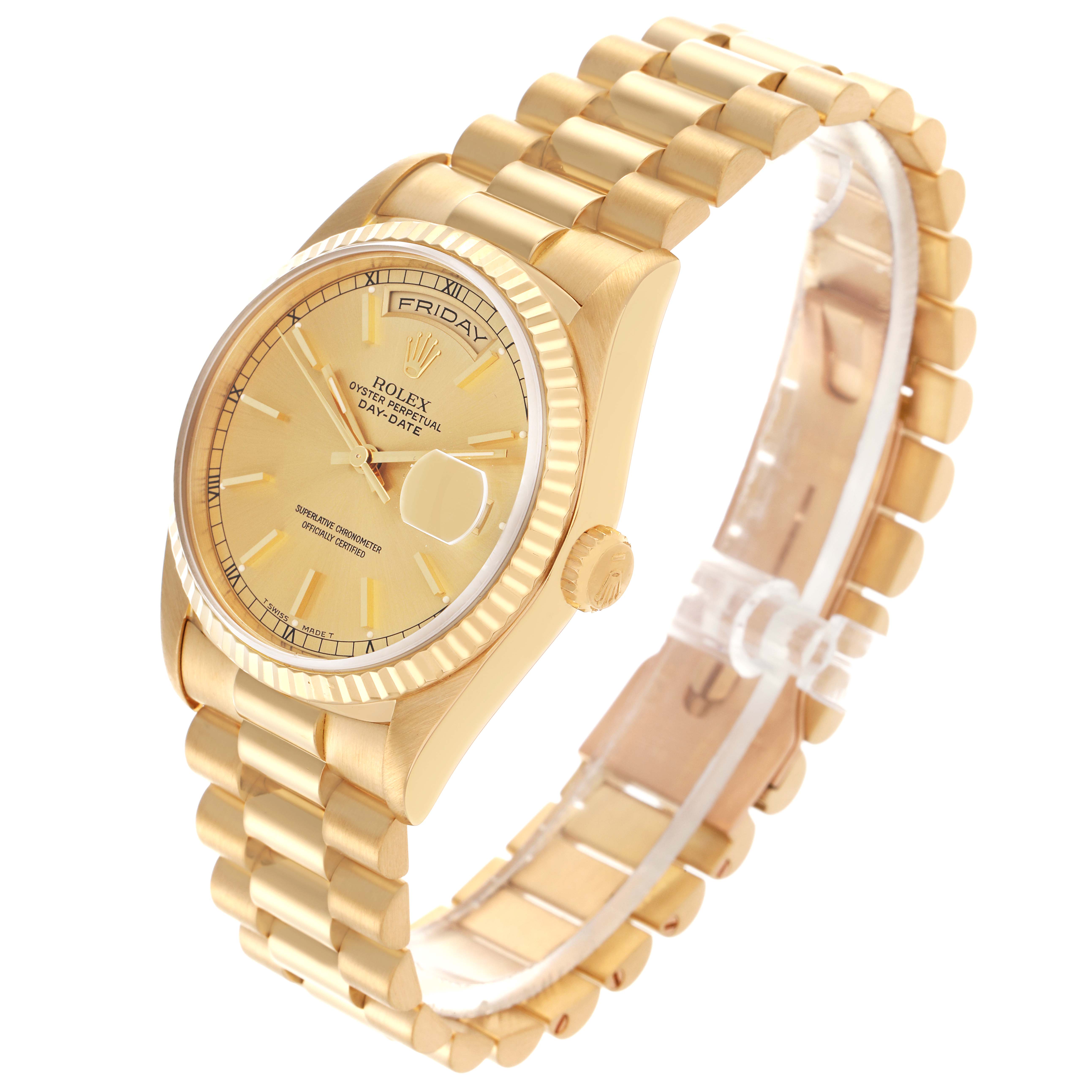 The Rolex President 18238 Men's Yellow Gold Champagne Dial 18238 Men's Yellow Gold Champagne Dial model watch is shown from a slightly tilted angle, highlighting the dial, bezel, and partial bracelet.