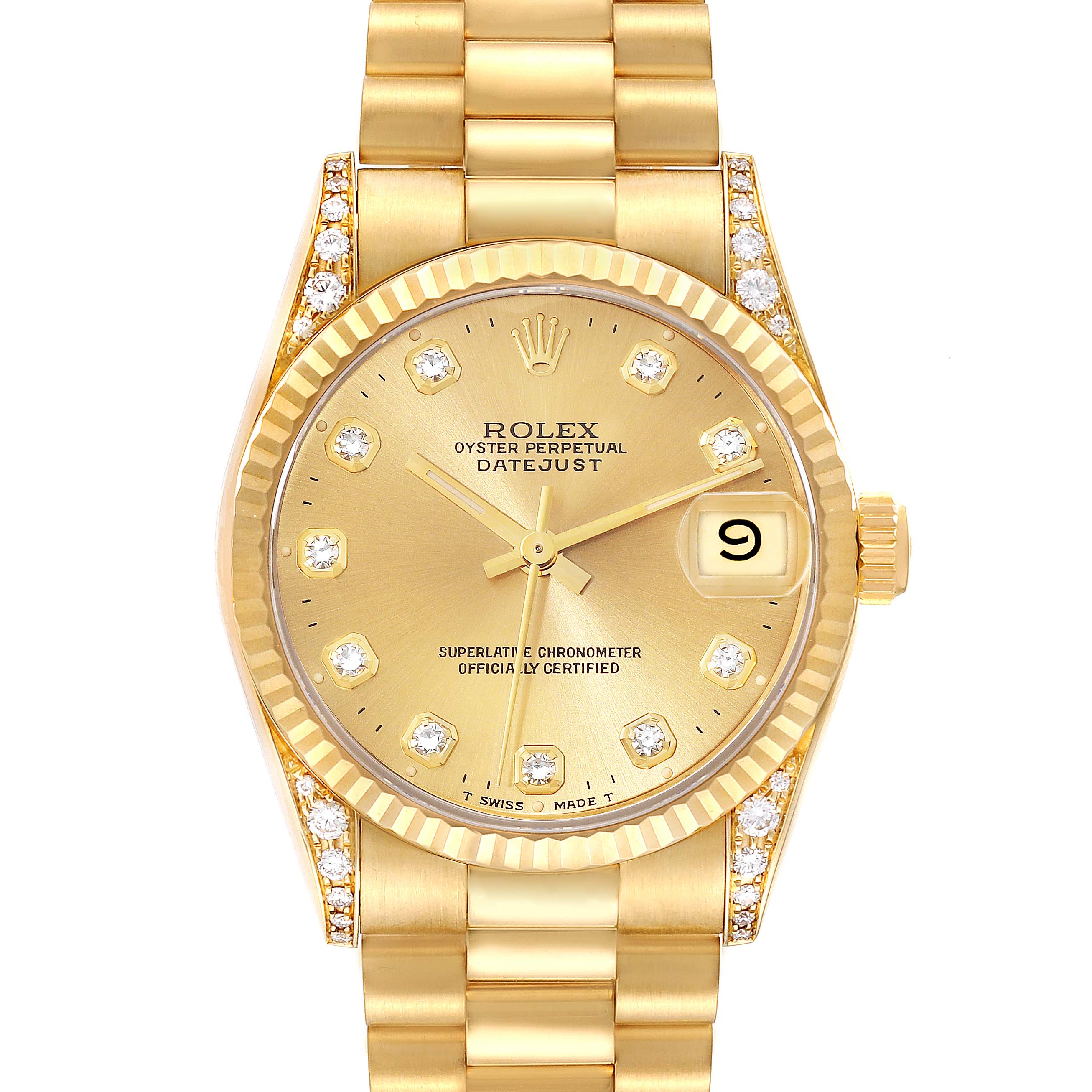 This is a front view of a Rolex President 68238 Women's Yellow Gold Champagne Dial 68238 Women's Yellow Gold Champagne Dial model watch, showcasing its gold bracelet, diamond markers, and date display.