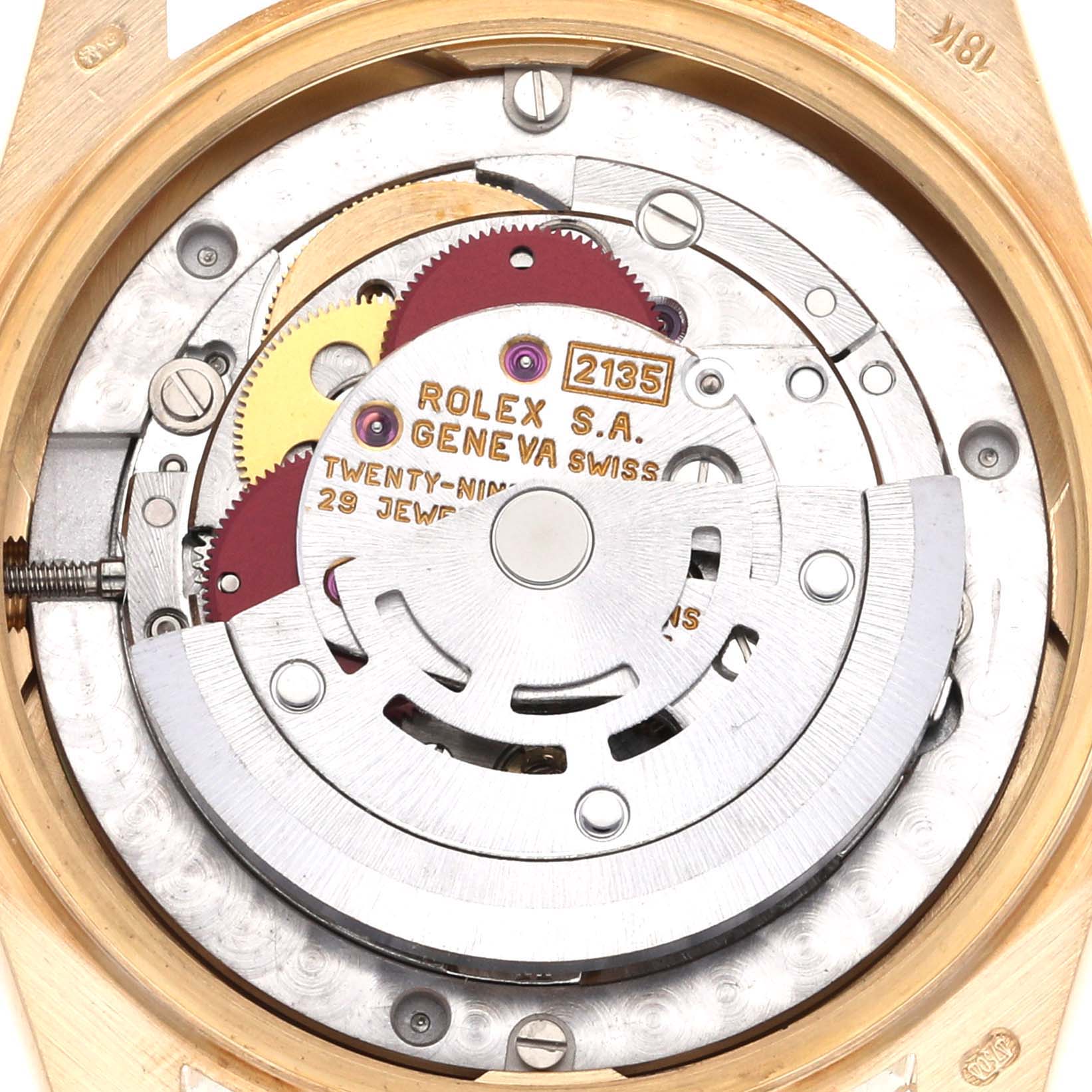 The image shows the inner mechanical movement of a Rolex President 68238 Women's Yellow Gold Champagne Dial 68238 Women's Yellow Gold Champagne Dial model watch viewed from the back.