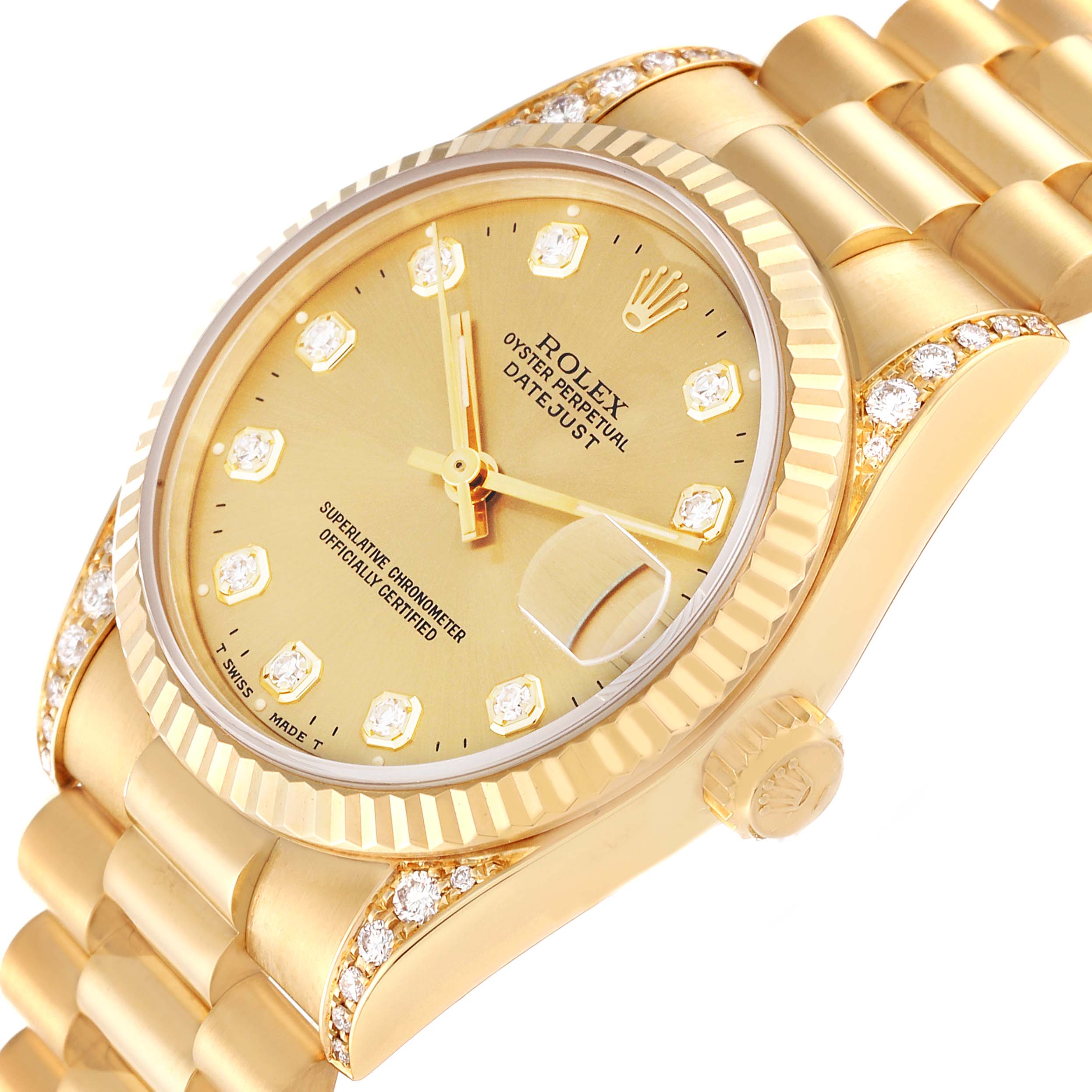 The image shows a close-up of the Rolex President 68238 Women's Yellow Gold Champagne Dial 68238 Women's Yellow Gold Champagne Dial model watch, highlighting its gold case, diamond hour markers, and bracelet.