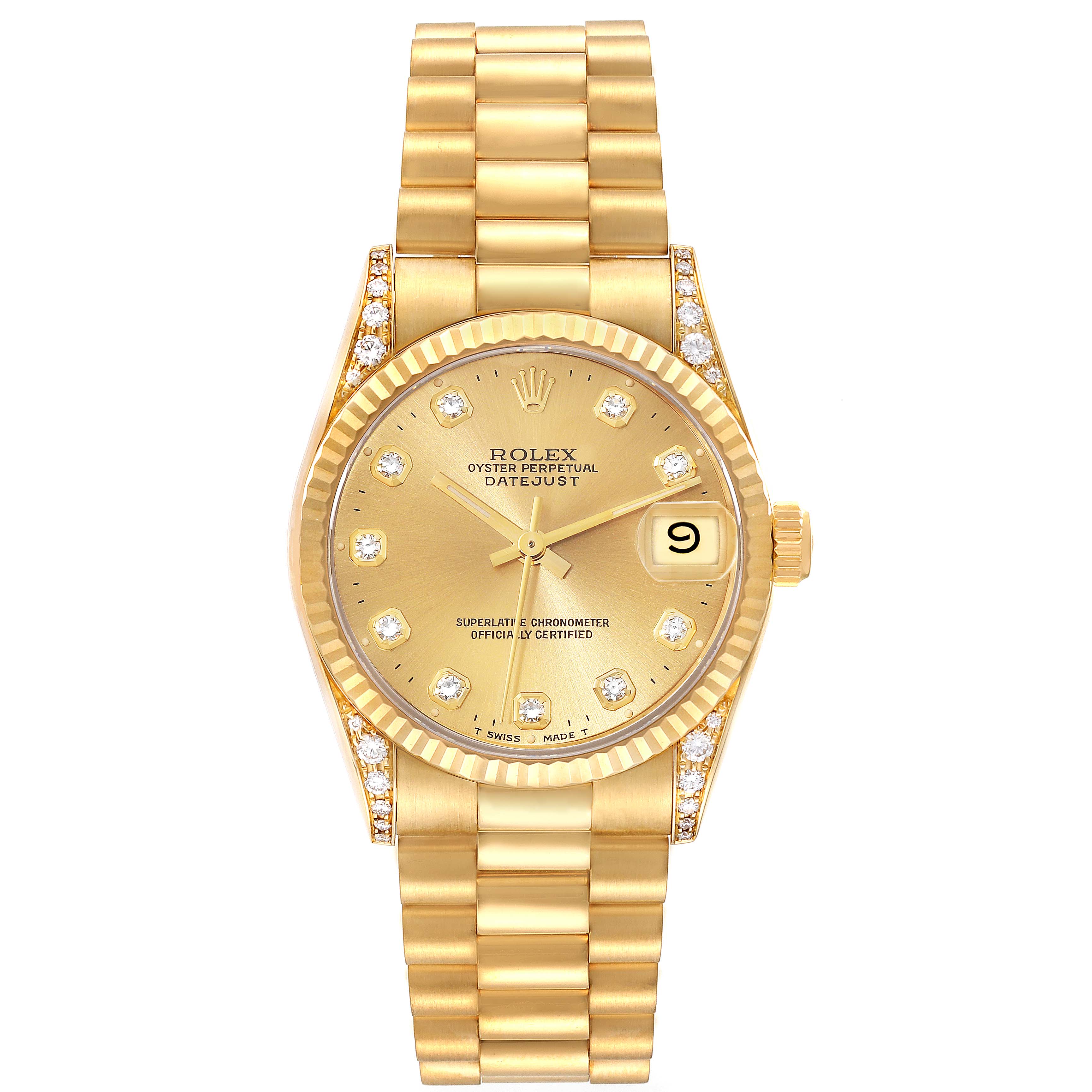 The image shows a gold Rolex President 68238 Women's Yellow Gold Champagne Dial 68238 Women's Yellow Gold Champagne Dial model watch with a diamond-set bezel, dial, and bracelet, captured from a top-down angle.