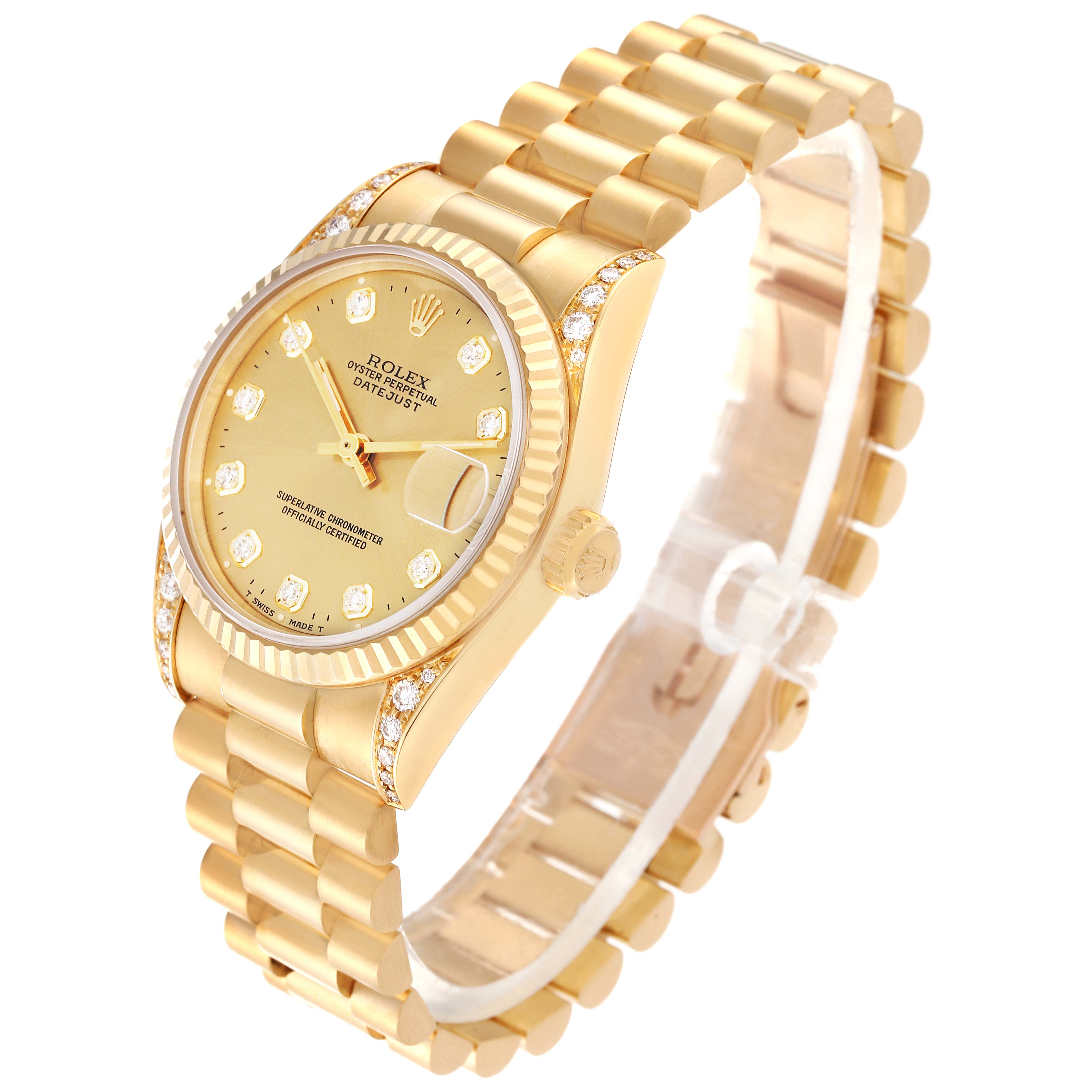The image shows a Rolex President 68238 Women's Yellow Gold Champagne Dial 68238 Women's Yellow Gold Champagne Dial model watch at a three-quarter angle, highlighting its gold band, bezel, dial, and diamond hour markers.