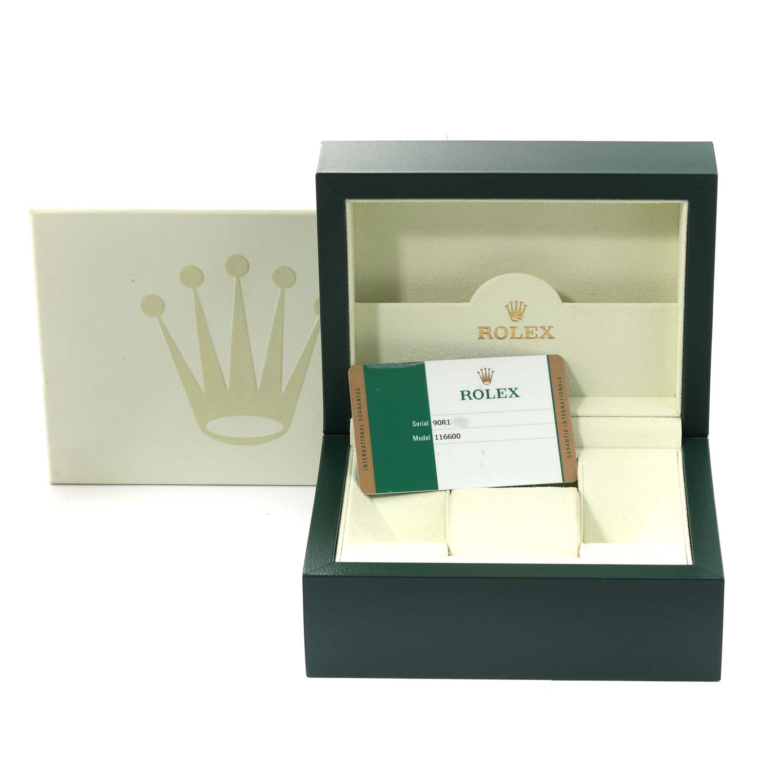 This image shows the packaging and warranty card for the Rolex Sea-Dweller 116600 Men
s Stainless Steel Black Dial 116600 Men
s Stainless Steel Black Dial model.