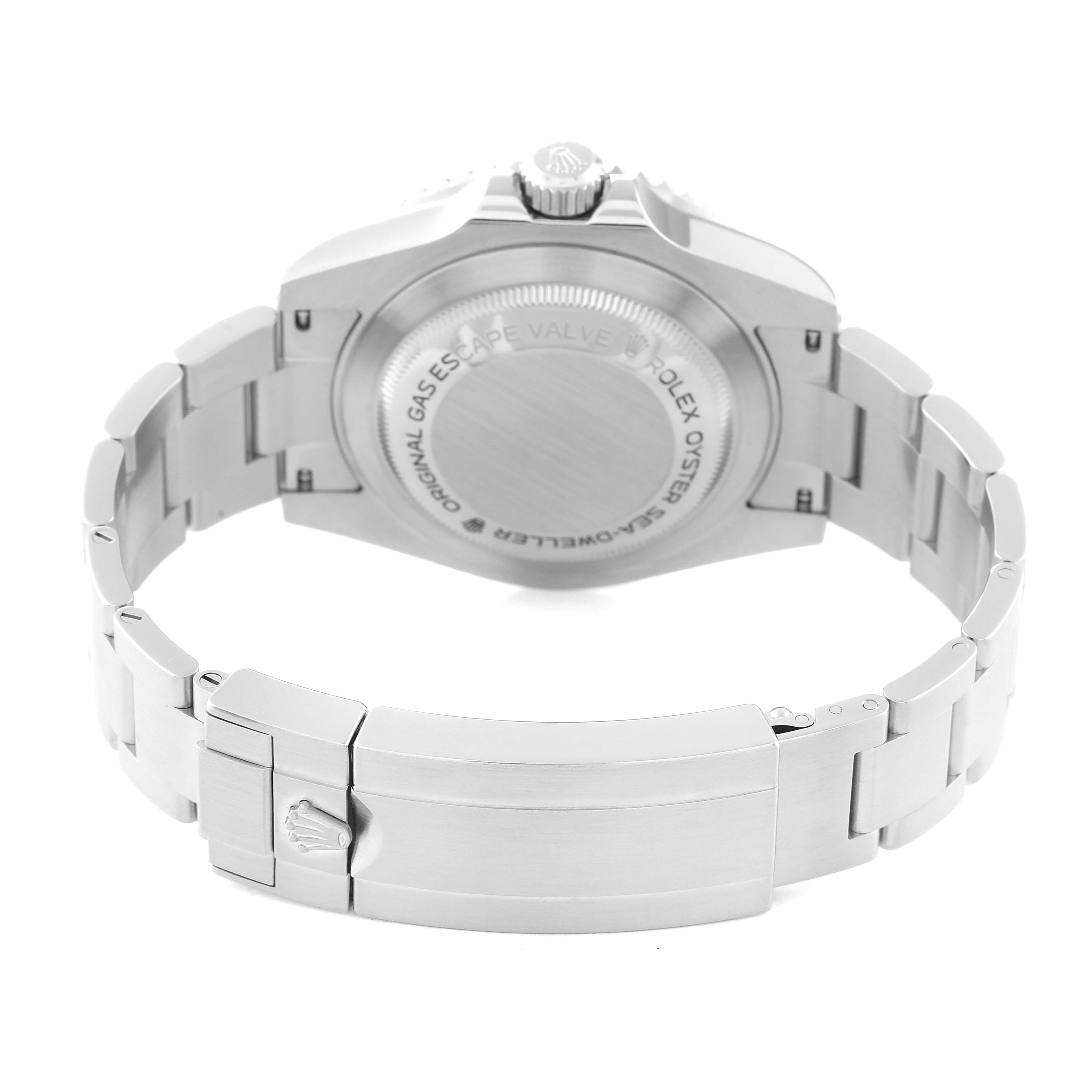 The image shows the backside of a Rolex Sea-Dweller 116600 Men
s Stainless Steel Black Dial 116600 Men
s Stainless Steel Black Dial watch, highlighting its closed clasp and case back.