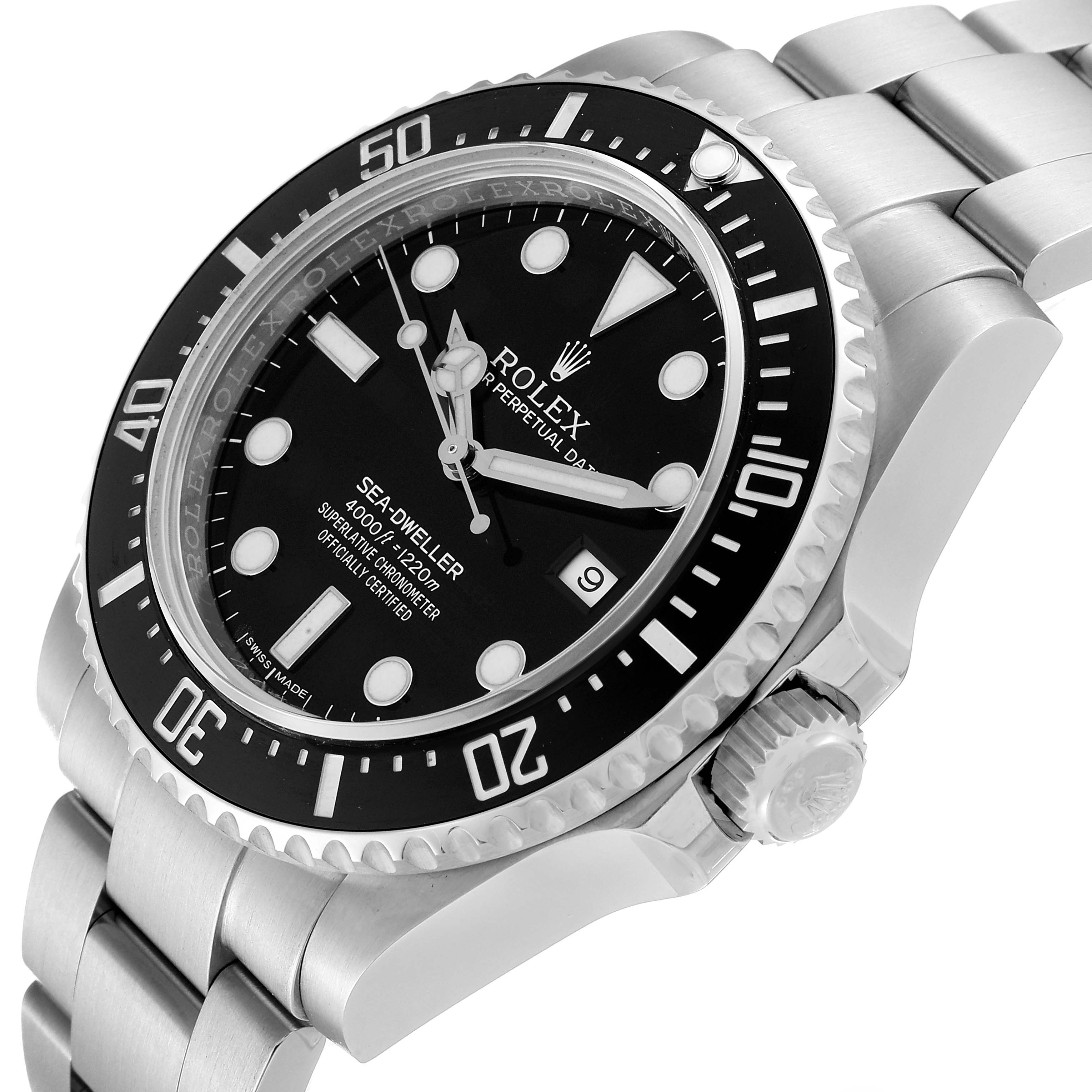 This image shows a close-up angled view of the Rolex Sea-Dweller 116600 Men
s Stainless Steel Black Dial 116600 Men
s Stainless Steel Black Dial watch, highlighting the dial, bezel, crown, and part of the bracelet.
