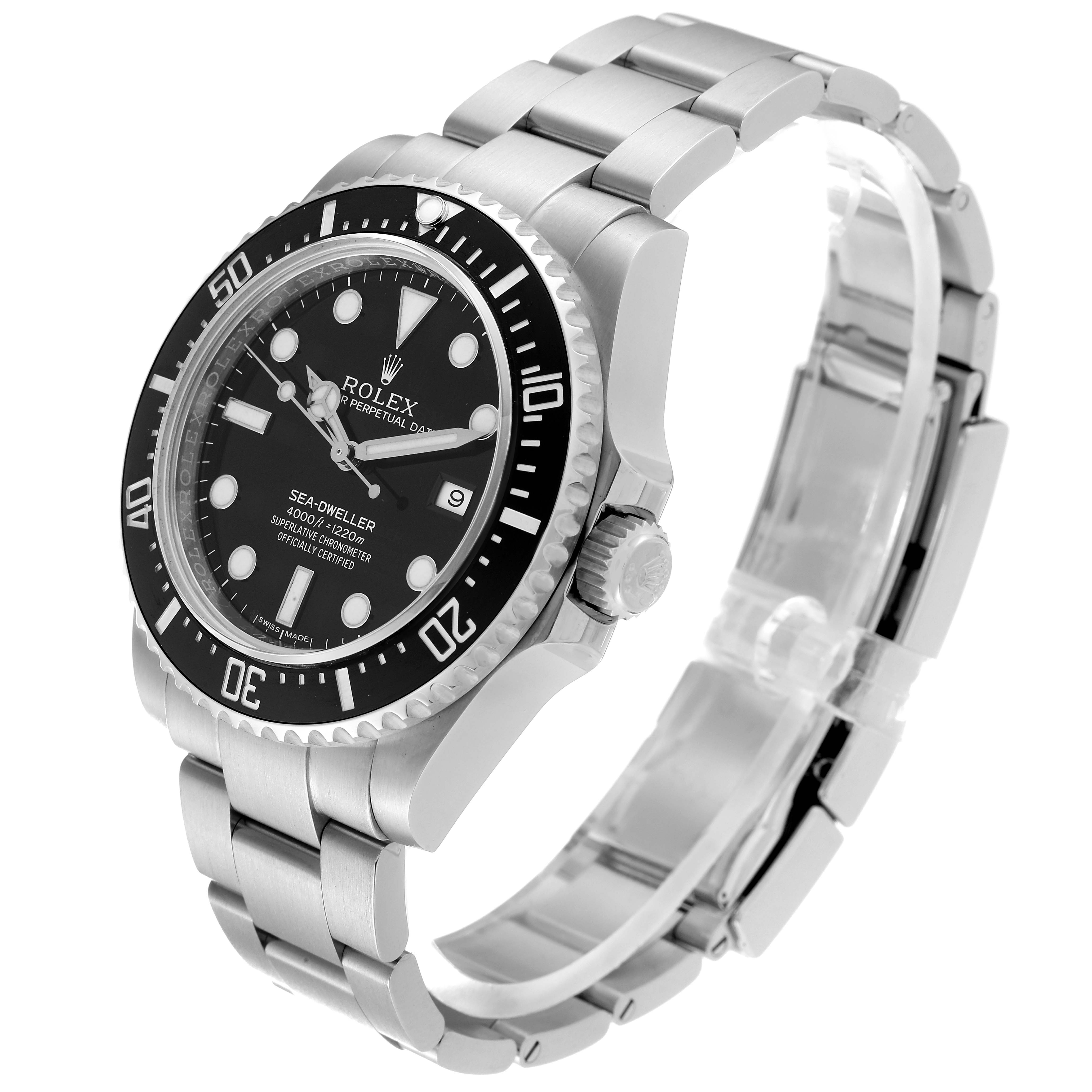 The Rolex Sea-Dweller 116600 Men
s Stainless Steel Black Dial 116600 Men
s Stainless Steel Black Dial watch is shown at a three-quarter angle, displaying the dial, bezel, crown, and stainless steel bracelet.