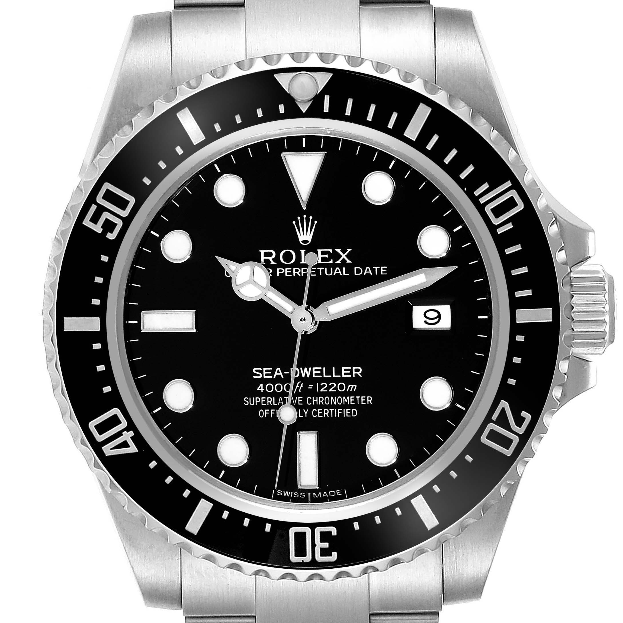 The image shows a front view of a Rolex Sea-Dweller 116600 Men
s Stainless Steel Black Dial 116600 Men
s Stainless Steel Black Dial watch, highlighting its bezel, dial, hands, and date window.