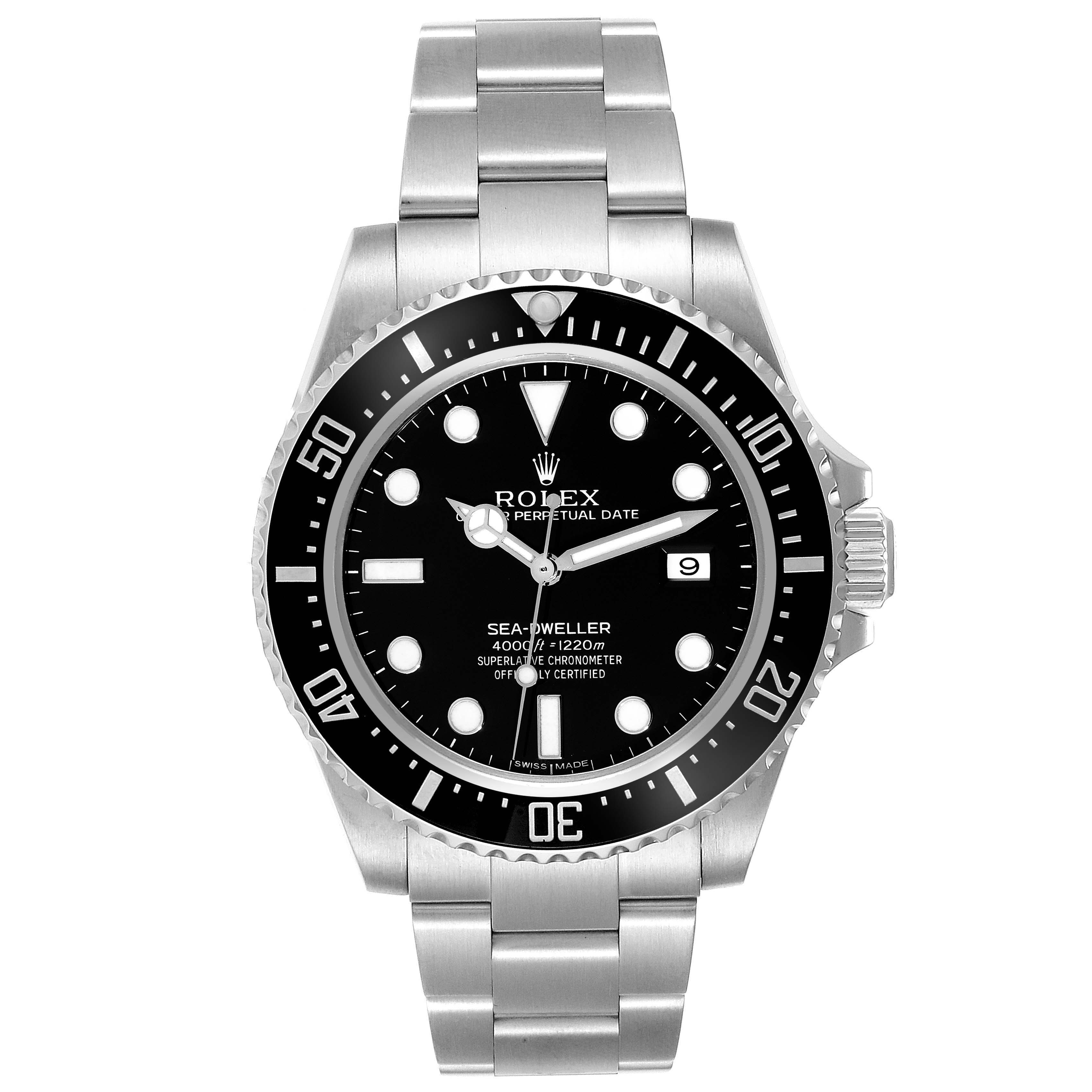 This image shows a front view of the Rolex Sea-Dweller 116600 Men
s Stainless Steel Black Dial 116600 Men
s Stainless Steel Black Dial watch, highlighting its face, bezel, and bracelet.