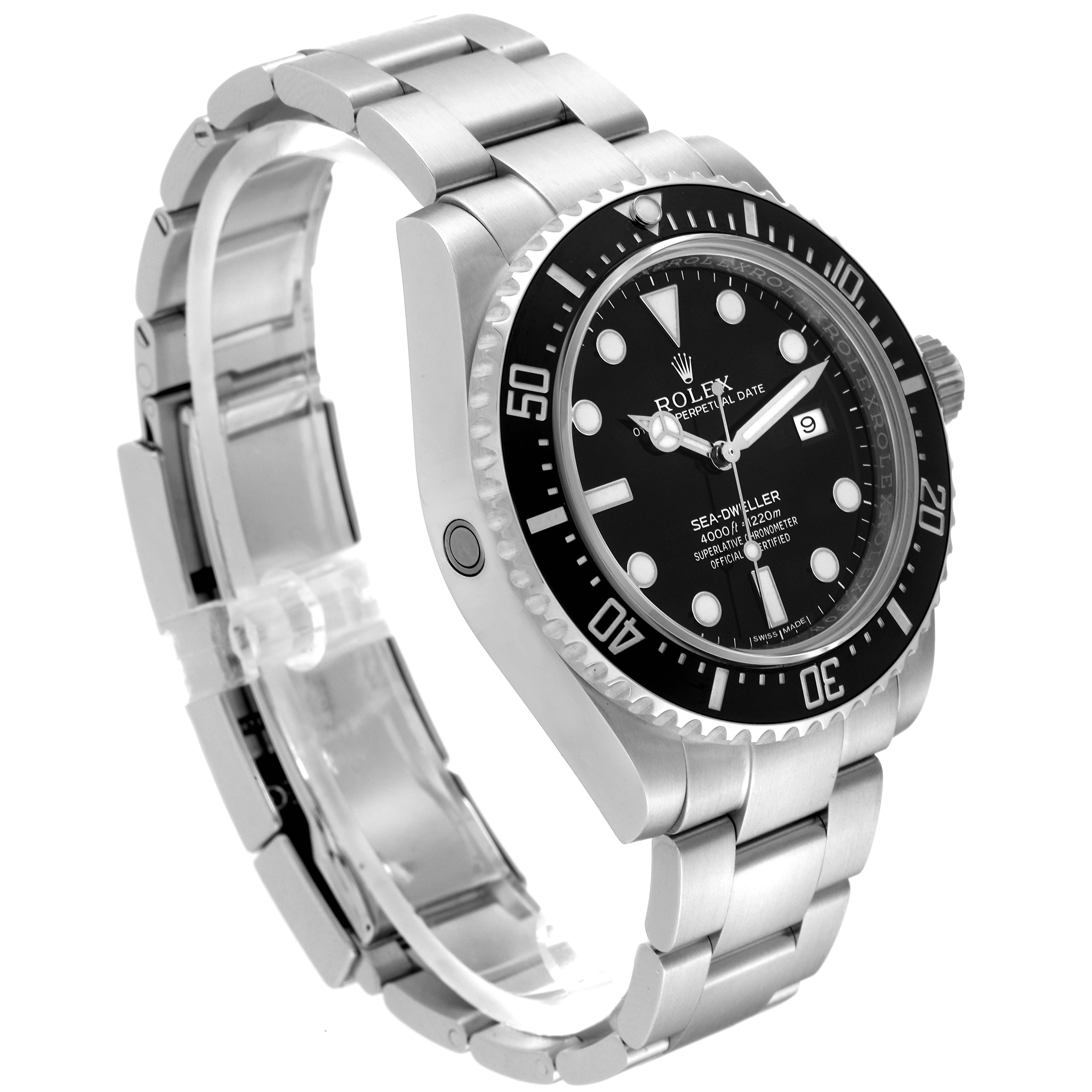 The image shows a side-angle view of the Rolex Sea-Dweller 116600 Men
s Stainless Steel Black Dial 116600 Men
s Stainless Steel Black Dial, highlighting its bezel, dial, and stainless steel bracelet.