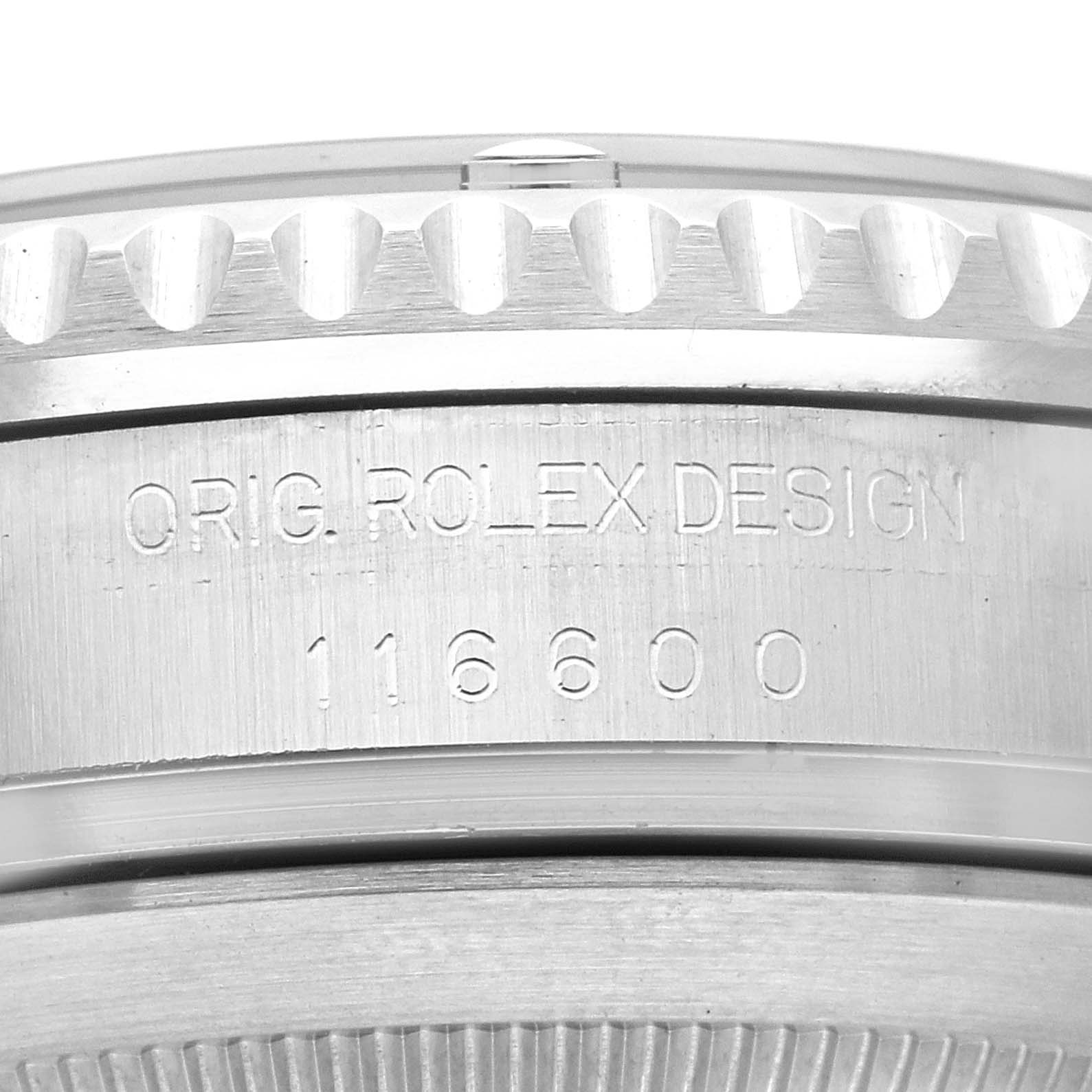 The image shows the case side with engravings of the Rolex Sea-Dweller 116600 Men
s Stainless Steel Black Dial 116600 Men
s Stainless Steel Black Dial model 116600.