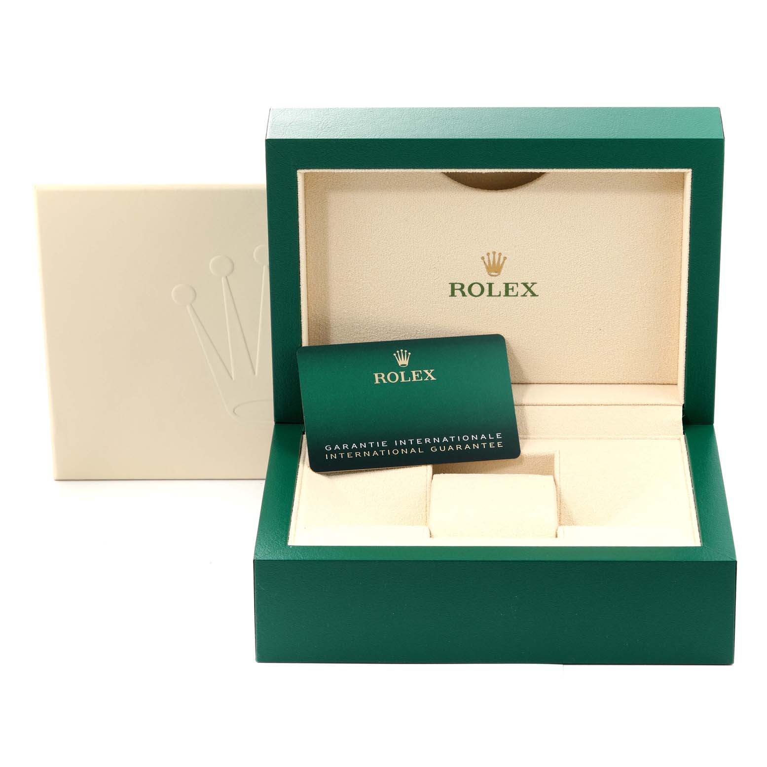 The image shows the Rolex Submariner 126610 Men
s Stainless Steel Black Dial 126610 Men
s Stainless Steel Black Dial
s open green watch box and guarantee card, with an outer cream-colored box.