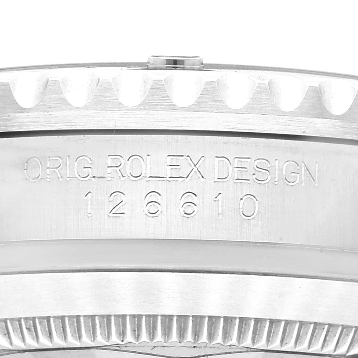 This image shows a close-up of the case side with model number engraving of a Rolex Submariner 126610 Men
s Stainless Steel Black Dial 126610 Men
s Stainless Steel Black Dial 126610.