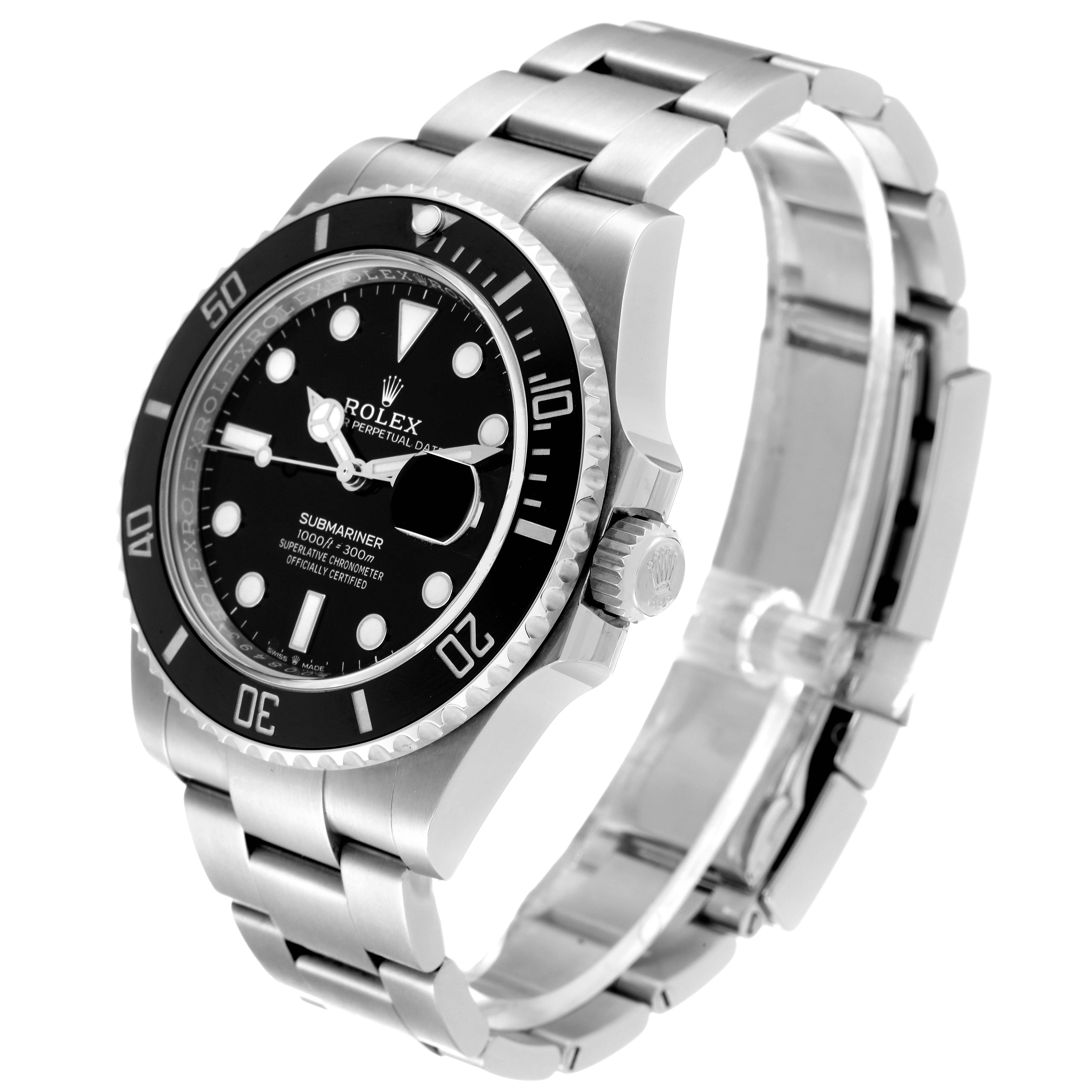 The image shows a side angle of the Rolex Submariner 126610 Men
s Stainless Steel Black Dial 126610 Men
s Stainless Steel Black Dial watch, showcasing its face, bezel, and stainless steel bracelet.