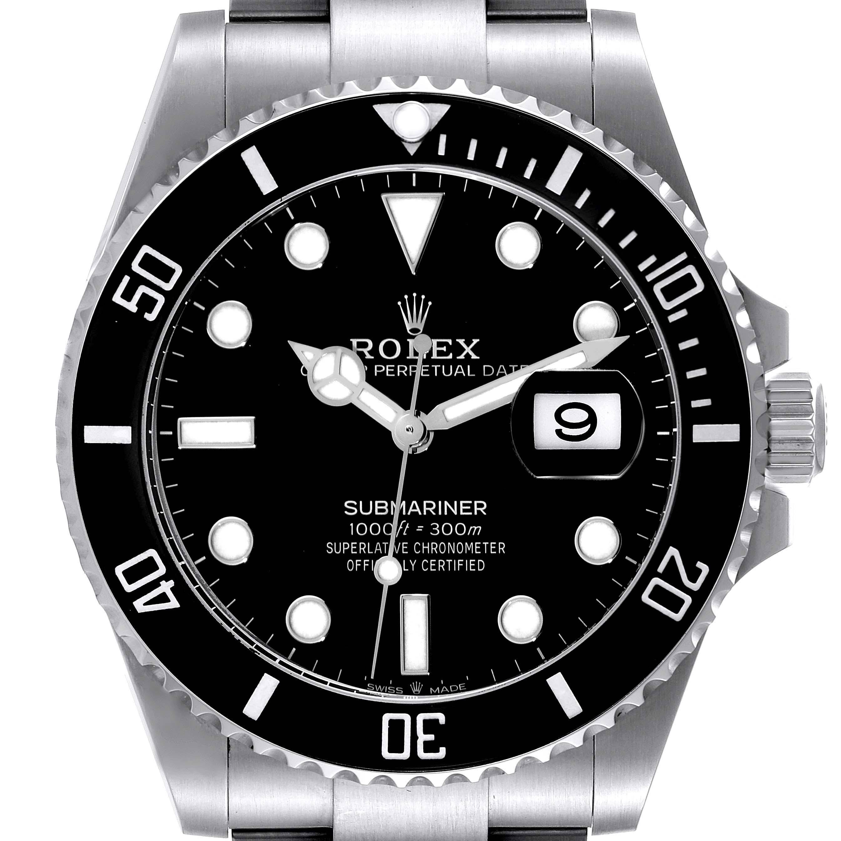 This image shows a front view of the Rolex Submariner 126610 Men
s Stainless Steel Black Dial 126610 Men
s Stainless Steel Black Dial watch, highlighting the dial, bezel, and part of the bracelet.