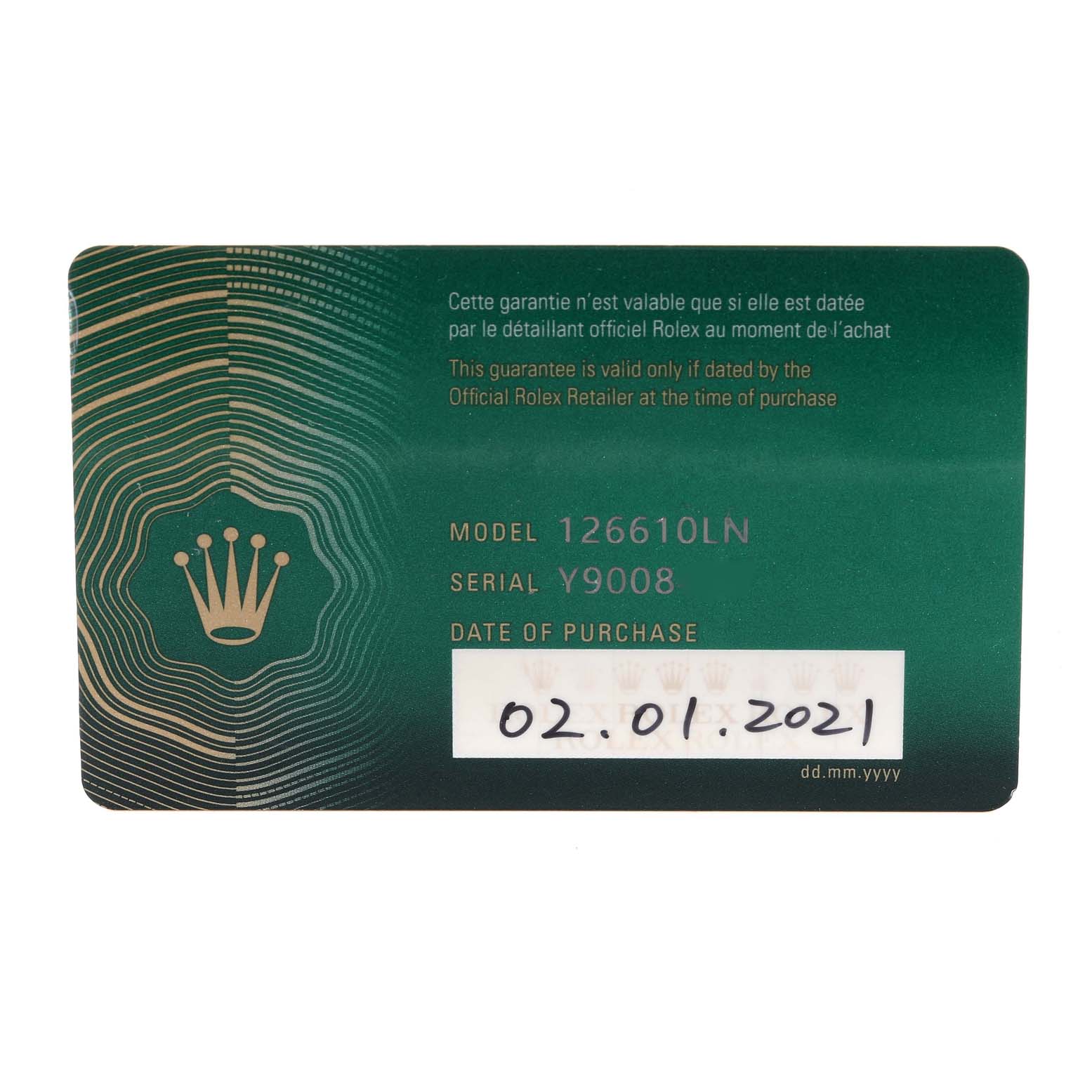 This image shows the guarantee card for the Rolex Submariner 126610 Men
s Stainless Steel Black Dial 126610 Men
s Stainless Steel Black Dial model 126610LN.
