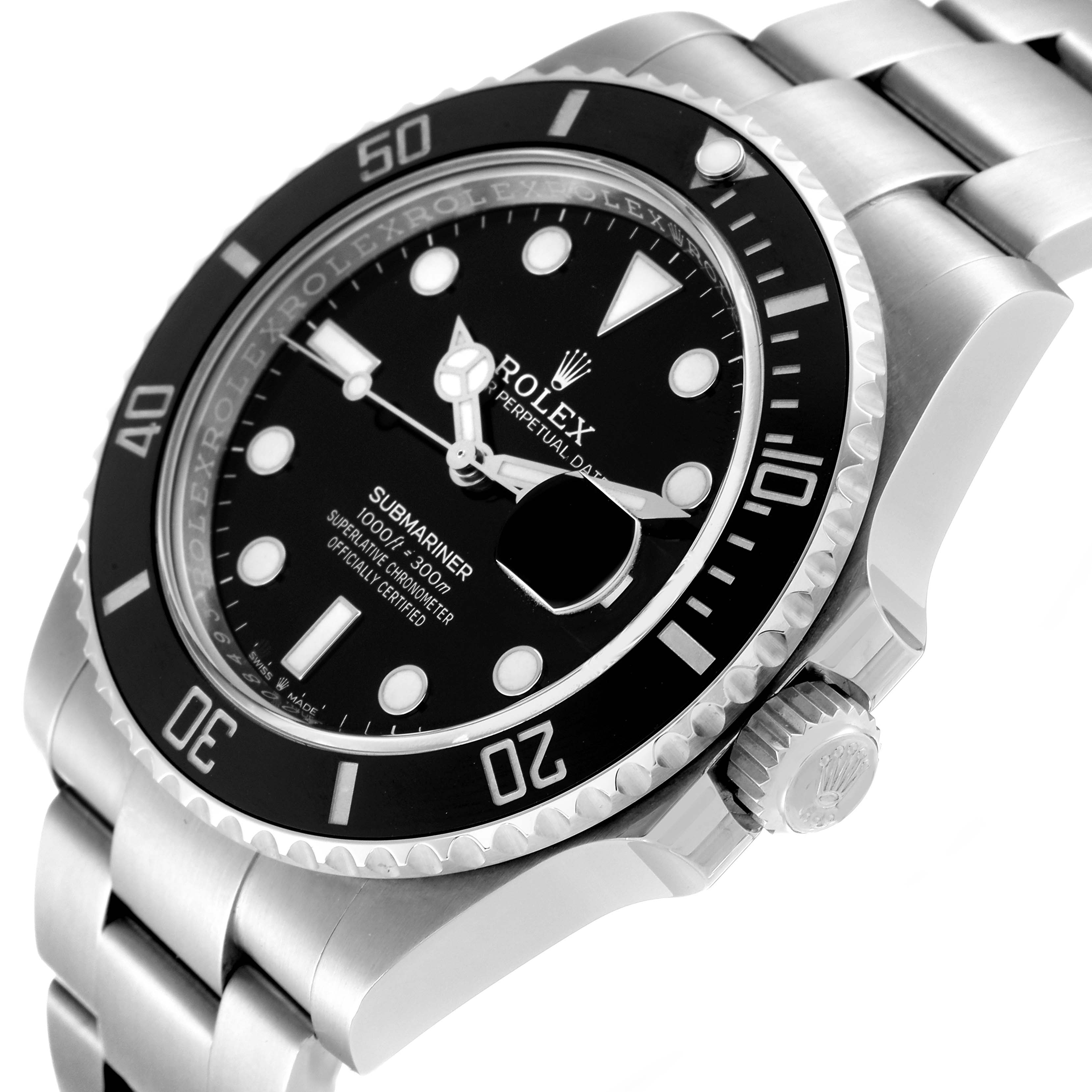 The image shows a close-up, angled view of a Rolex Submariner 126610 Men
s Stainless Steel Black Dial 126610 Men
s Stainless Steel Black Dial watch, highlighting its dial, bezel, crown, and bracelet.