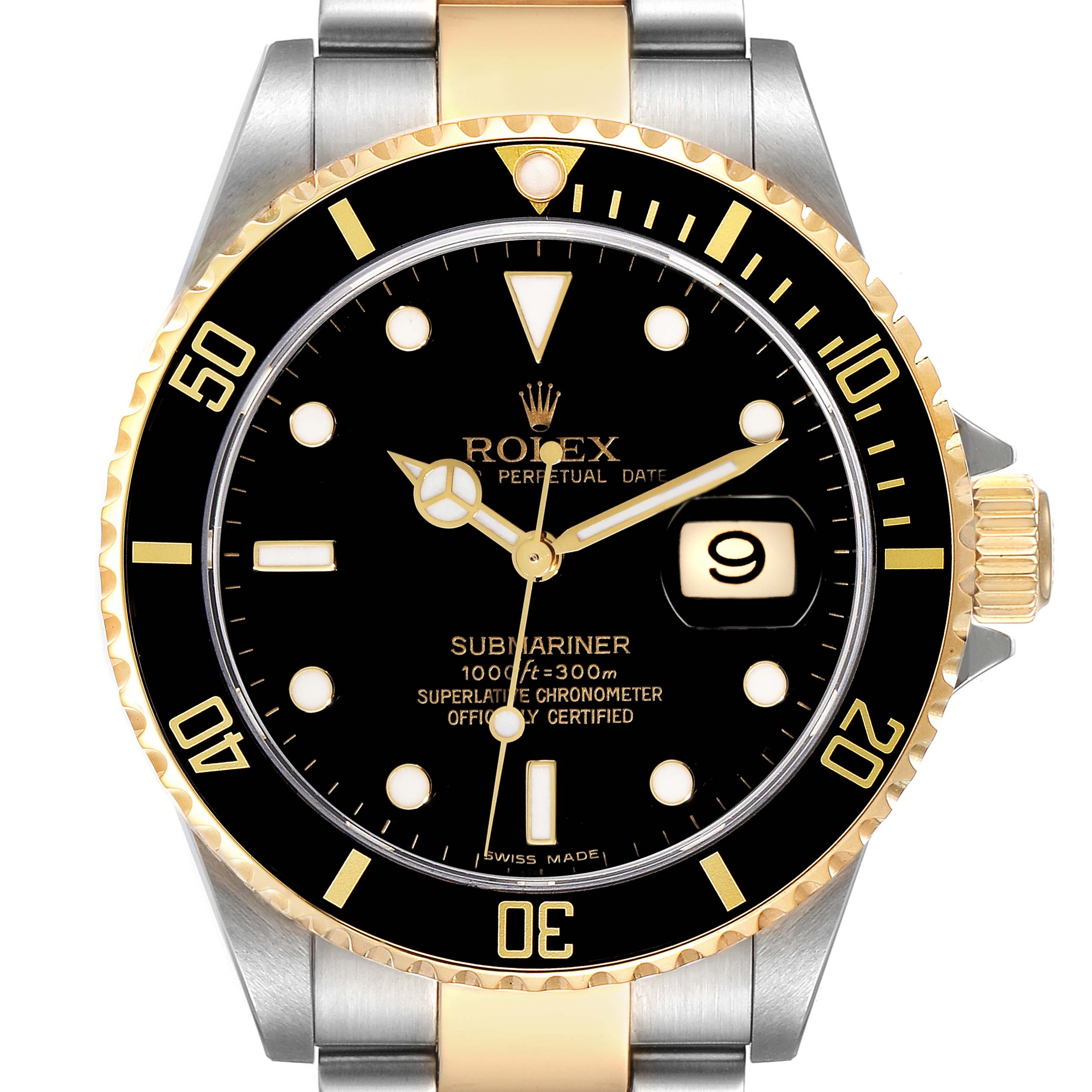 This image shows a frontal view of the Rolex Submariner 16613 Men's Steel and Gold (two tone) Black Dial 16613 Men's Steel and Gold (two tone) Black Dial watch featuring its dial, bezel, and part of the bracelet.