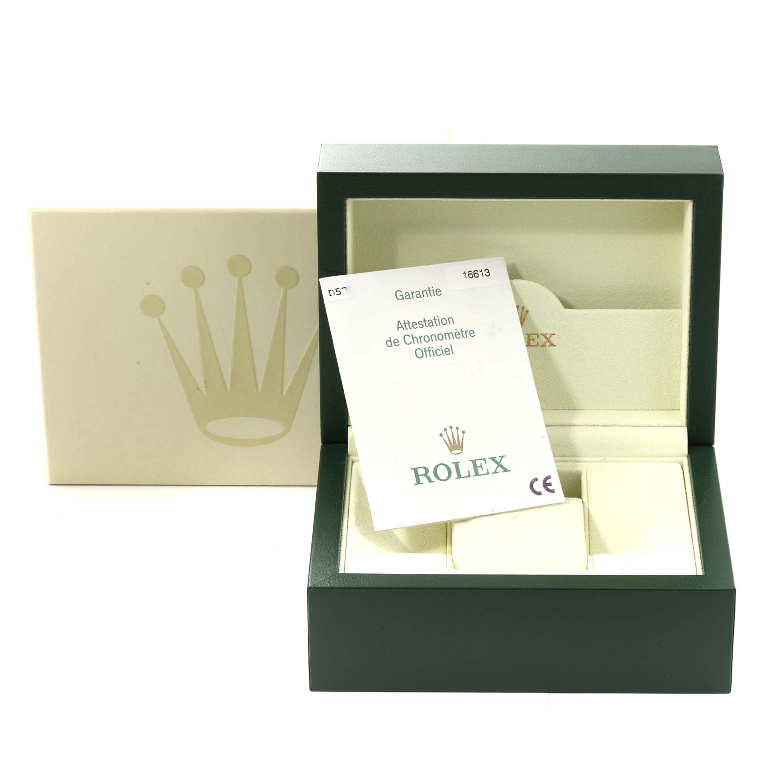 The image shows an empty Rolex Submariner 16613 Men's Steel and Gold (two tone) Black Dial 16613 Men's Steel and Gold (two tone) Black Dial watch box and warranty booklet, viewed from the front.