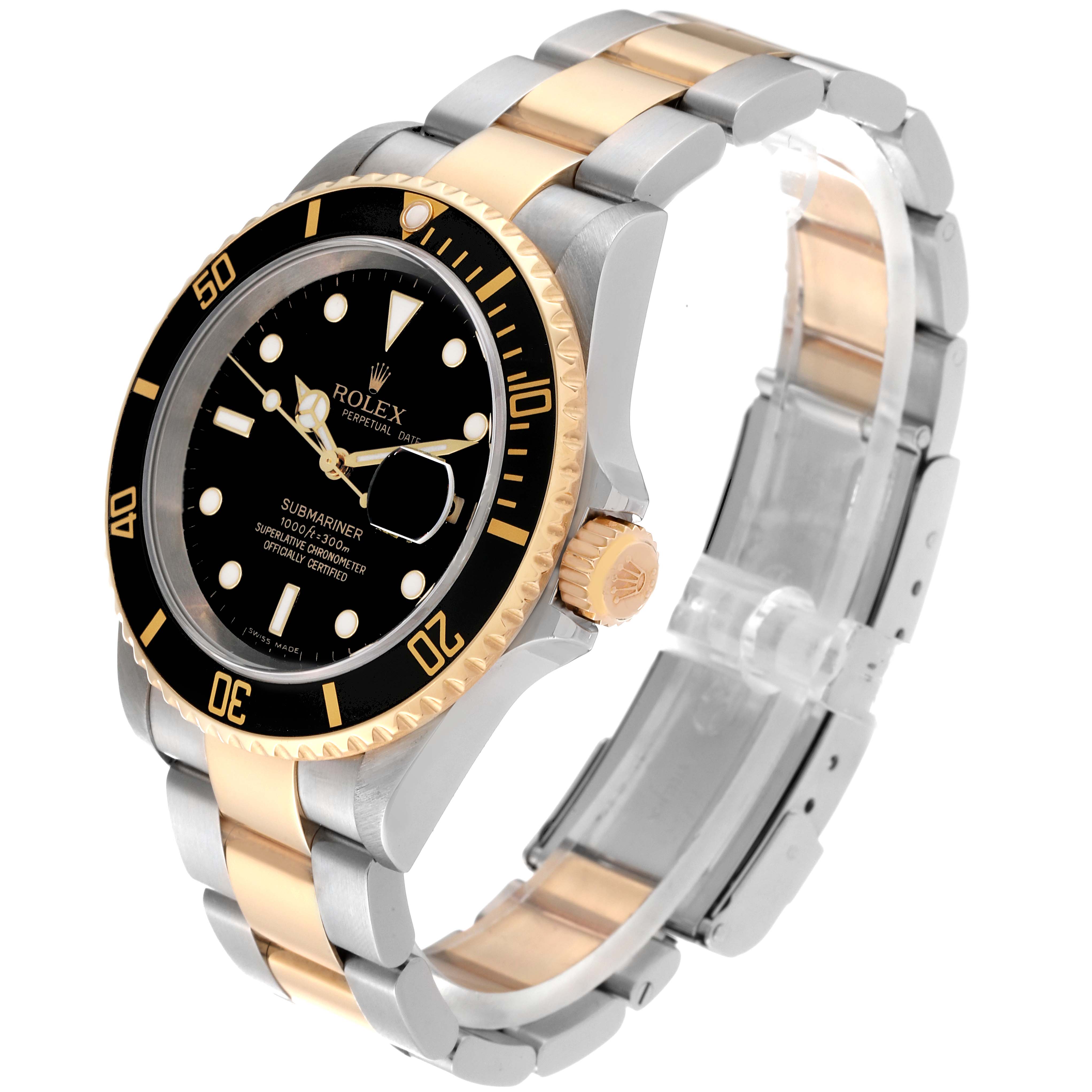 This image shows a Rolex Submariner 16613 Men's Steel and Gold (two tone) Black Dial 16613 Men's Steel and Gold (two tone) Black Dial watch at an angle displaying the dial, bezel, crown, and two-tone bracelet.