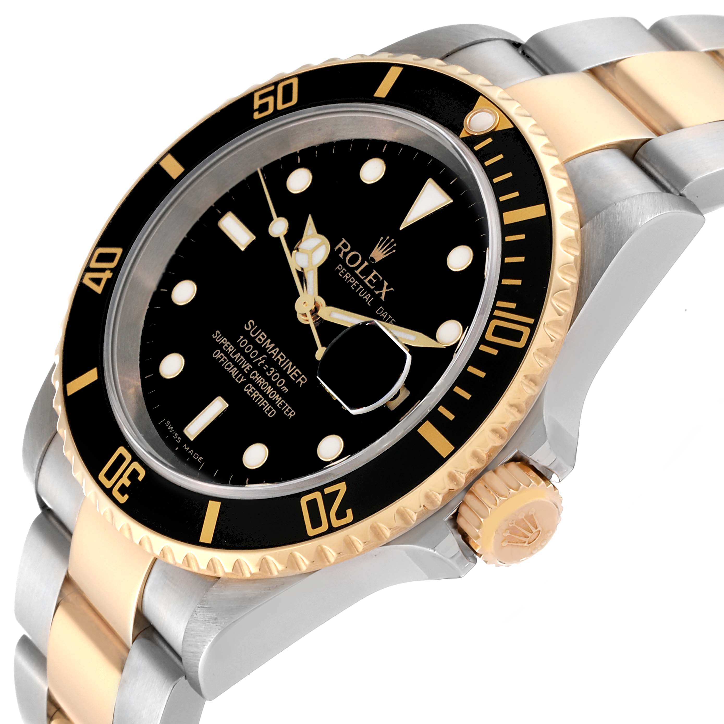 The image shows a close-up, angled view of the Rolex Submariner 16613 Men's Steel and Gold (two tone) Black Dial 16613 Men's Steel and Gold (two tone) Black Dial watch, focusing on its dial, bezel, and bracelet.